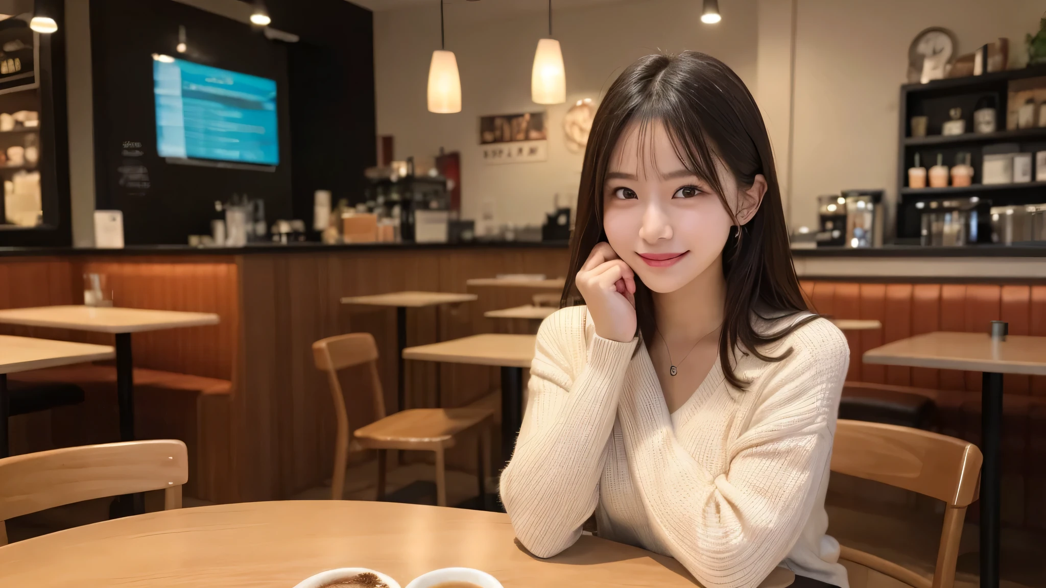 Tabletop, highest quality, figure, Very detailed, In detail,Woman with perfect body， High resolution, 8k wallpaper, Perfect dynamic composition, Beautiful fine details, Shoulder extension long sleeve knit,Long Hair, Center of chest, Natural color lip, Random sexy poses,smile,20-year-old girl,huge ,Cafe,coffee,Emphasize the chest