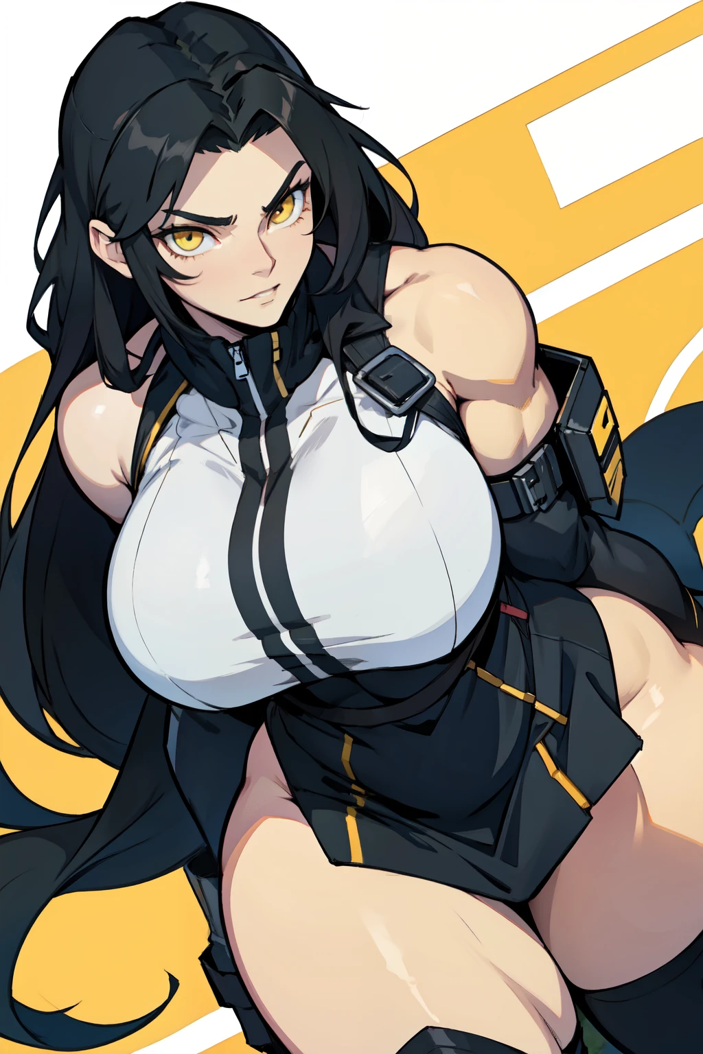 huge breasts huge thighs huge muscles black hair very long hair pale skin yellow eyes
