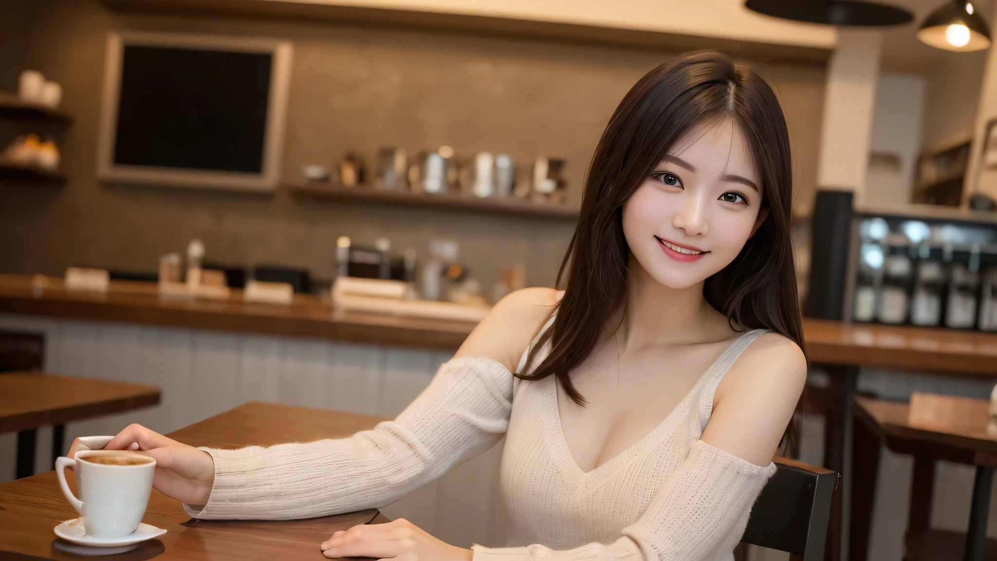 Tabletop, highest quality, figure, Very detailed, In detail,Woman with perfect body, High resolution, 8k wallpaper, Perfect dynamic composition, Beautiful fine details, Shoulder extension long sleeve knit,Long Hair, Center of chest, Natural color lip, Random sexy poses,smile,20-year-old girl,huge ,Cafe,coffee,Emphasize the chest