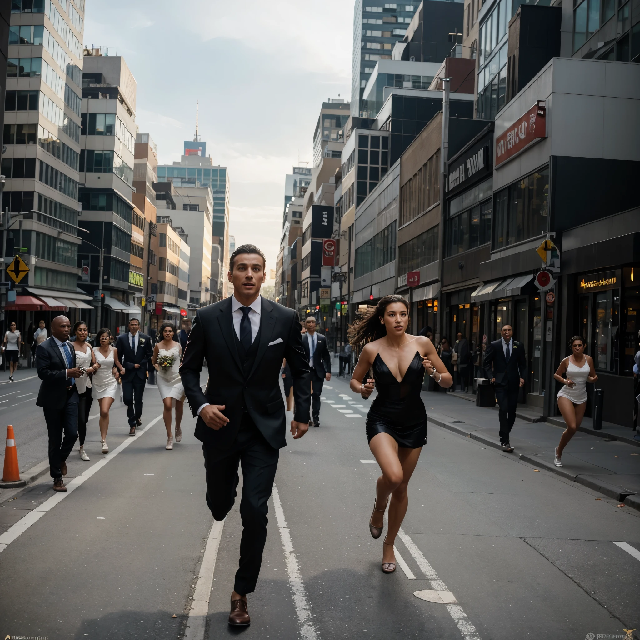 A man dressed in a suit is running on a busy city street. Behind him, a woman dressed as a bride is running after him, com um olhar determinado e desesperado. The surrounding scenery is urban, with tall buildings and traffic. The expression on the man's face is one of surprise and confusion..