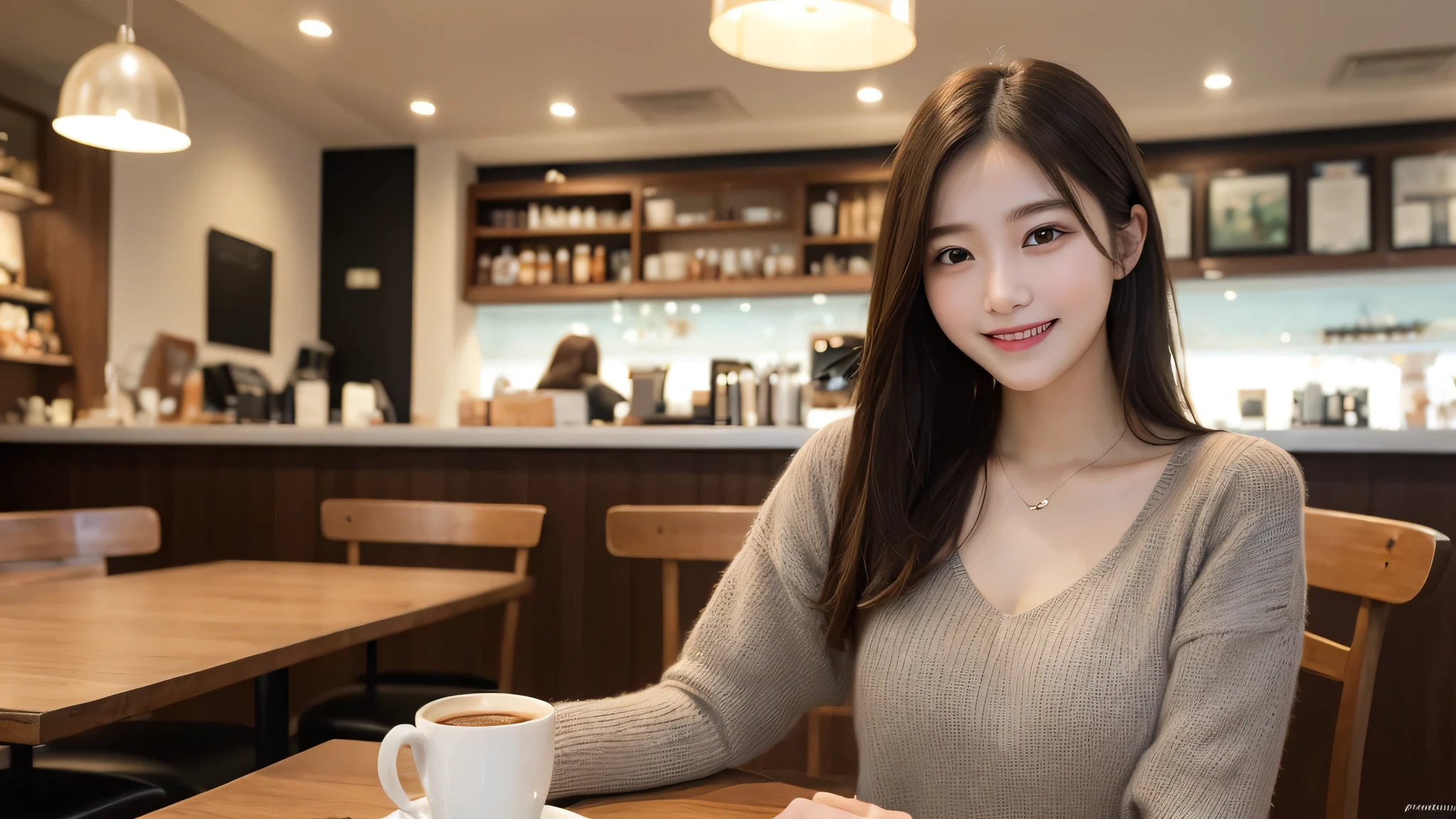 Tabletop, highest quality, figure, Very detailed, In detail, High resolution, 8k wallpaper, Perfect dynamic composition, Beautiful fine details, Shoulder extension long sleeve knit,Long Hair, Center of chest, Natural color lip, Random sexy poses,smile,20-year-old girl,huge ,Cafe,coffee,Emphasize the chest