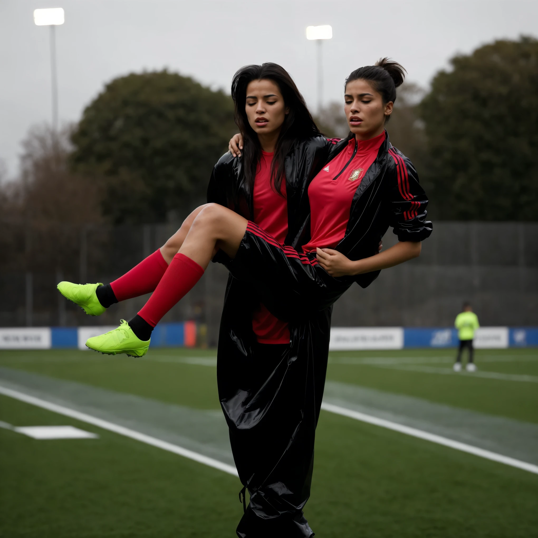 a portuguese girl in a laquered and very shiny quilted coat carries a man-soccer-player, a woman carries a man, a portuguese woman carries a male soccer player in her arms, rainy weather, rainfall, humid, girl carries guy, lift and carry, an excessively madeup latino-girl in a high-shine wet black latex downcoat, a soccer scene, very matte cotton soccer sportswear on a well shaped male body, a soccer injury, first aid carry at a soccer match, a young madeup latino-girl in a shiny black vinyl downjacket, a madeup latino-girl in a shiny plastic-downcoat, a very sad and desperately crying latino-girl, an intensely madeup latino-girl in a glossy black vinyl-downcoat, latino-girl with lipstick, latino-girl with smoky eyes, dramatic action pose, woman that is carrying a skinny shorthaired man, there is a beautiful woman in a shiny coat who is carrying a shorthaired blond man in her arms, a longhaired beautiful woman in a high-shine black puffy coat, a longhaired woman in a shiny downcoat, a woman is carrying a shorthaired man who is wearing black shorts, a weak shorthaired man in black shorts is consciousless and needs to be carried, a shorthaired man with closed eyes is carried in the arms of a longhaired latino-woman, a latino-woman looks very scared and terrified, a consciousless shorthaired man with closed eyes is suffering very much and has a very painful face, photo, photo shoot, photographed, arafed man being carried by a woman, very realistic, very very realistic, hyper-realistic, hyper - realistic, hyper realistic, jacket over bare torso, very disturbing, very hyperrealistic, super realistic, hyperrealistic!, extremely realistic, very very very realistic, super-realistic, very matte, very dull, simple cotton, short soccer sportswear