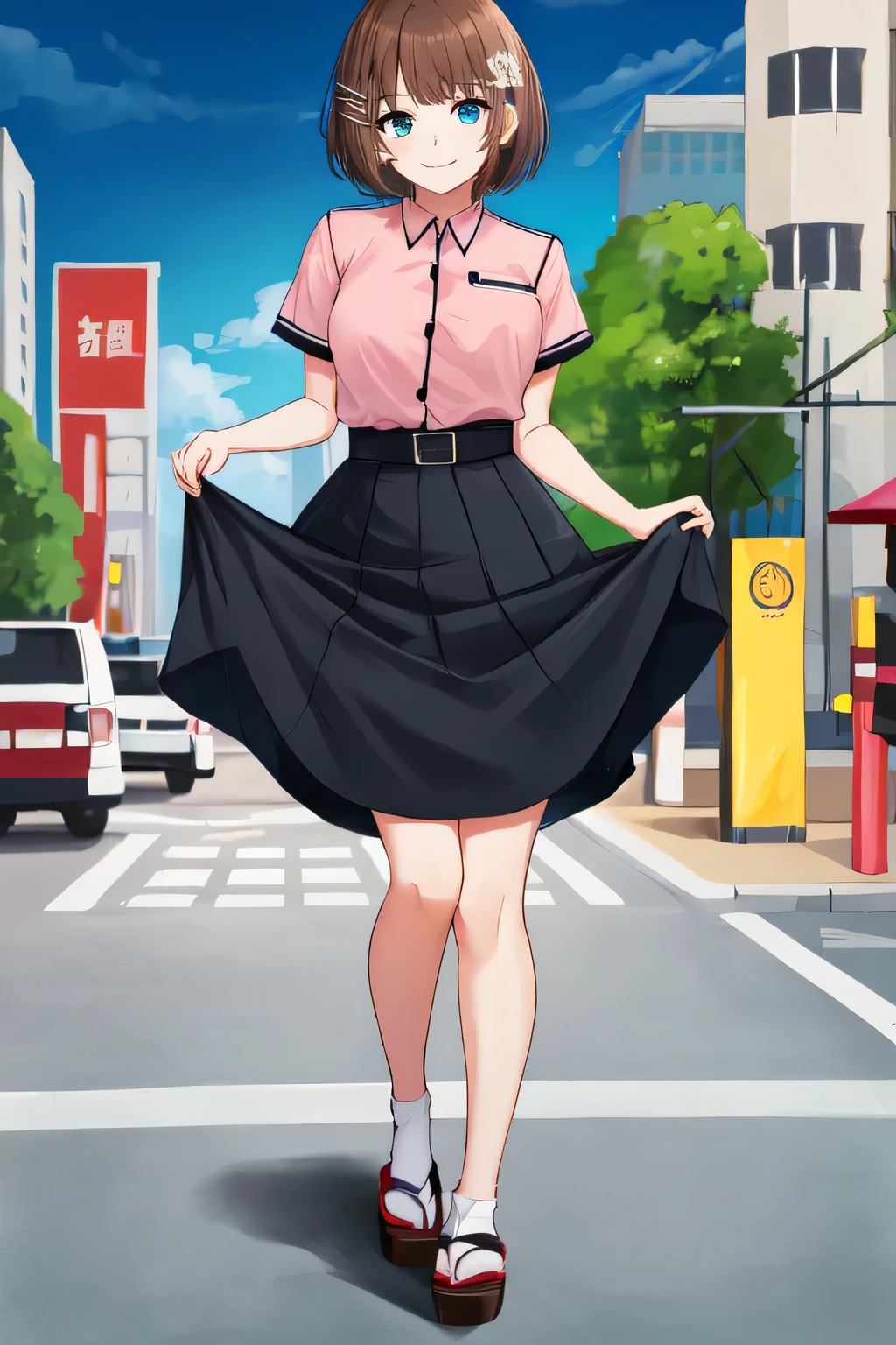 siesta,1girl, short hair, bangs, blue eyes, hair ornament, brown hair, smile, pink shirt, short sleeves, black skirt , uniform Japanese, full body, shoes, outdoors, cityscape, looking at viewer, lift skirt, show from down to up