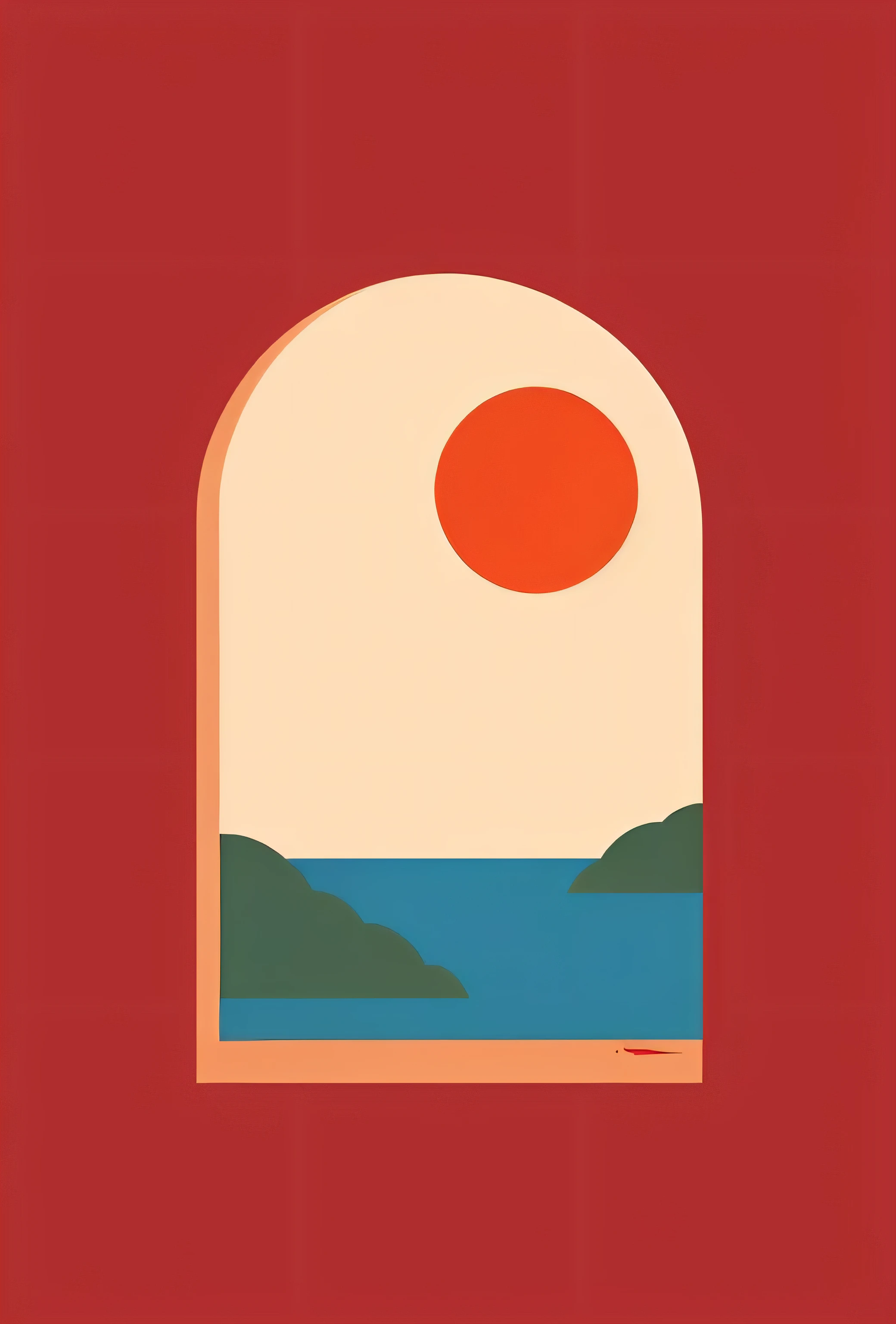 an image of a red background with a sun over a body of water, sunset illustration, minimalist illustration, muted design plano surreal, design de cena abstrato, clima do sunset, Olhando para fora at a sunset, minimalist illustration, poster illustration, vista do sunset, cartaz de viagem, sunset, Olhando para fora, Red sun over paradise, design plano surreal, Olhando para foraside, simple and clean illustration