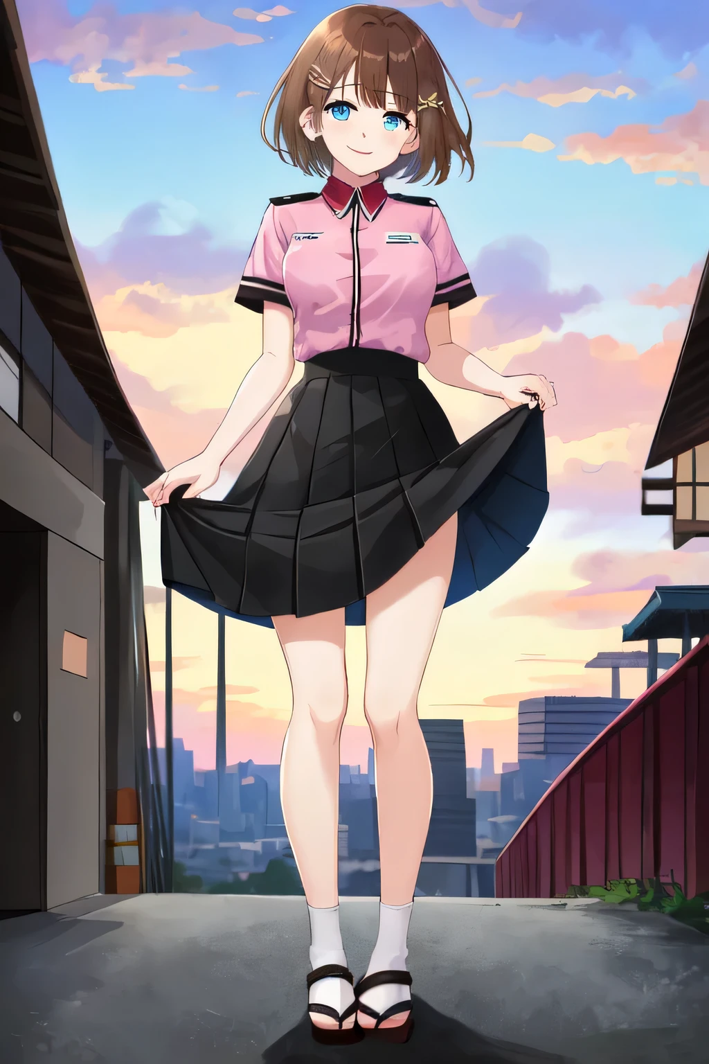 siesta,1girl, short hair, bangs, blue eyes, hair ornament, brown hair, smile, pink shirt, short sleeves, black skirt , uniform Japanese, full body, shoes, outdoors, cityscape, looking at viewer, lift skirt, show from down to up