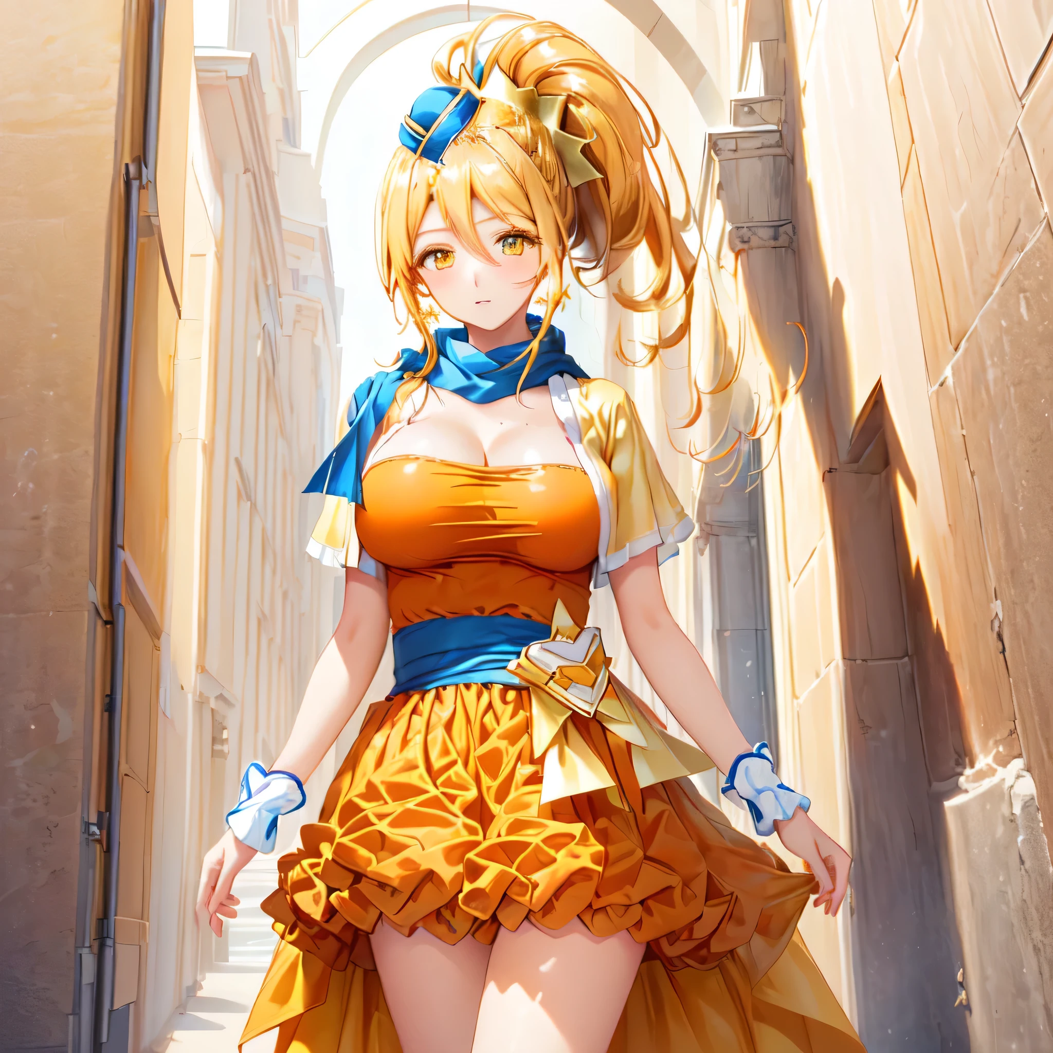 Image of a female character with long blonde hair and an orange dress、solo、Golden Aura、Permed ponytail、High Ponytail、Yellow eyed girl、Official Art、Hair between the eyes、yami cool、Dress Up Darling Anime、Big Breasts、Large Breasts、Blue mini hat、Yellow cardigan、Official character art、High quality artwork、Blue scarf、we、Orange Mini Skirt、Anime Best Boy、A girl is standing、Orange High Heels、Official Artwork、Bare Arms、Bare thighs、Bare legs、Cool anime girls、Also、looking at viewer、Cowboy Shot、