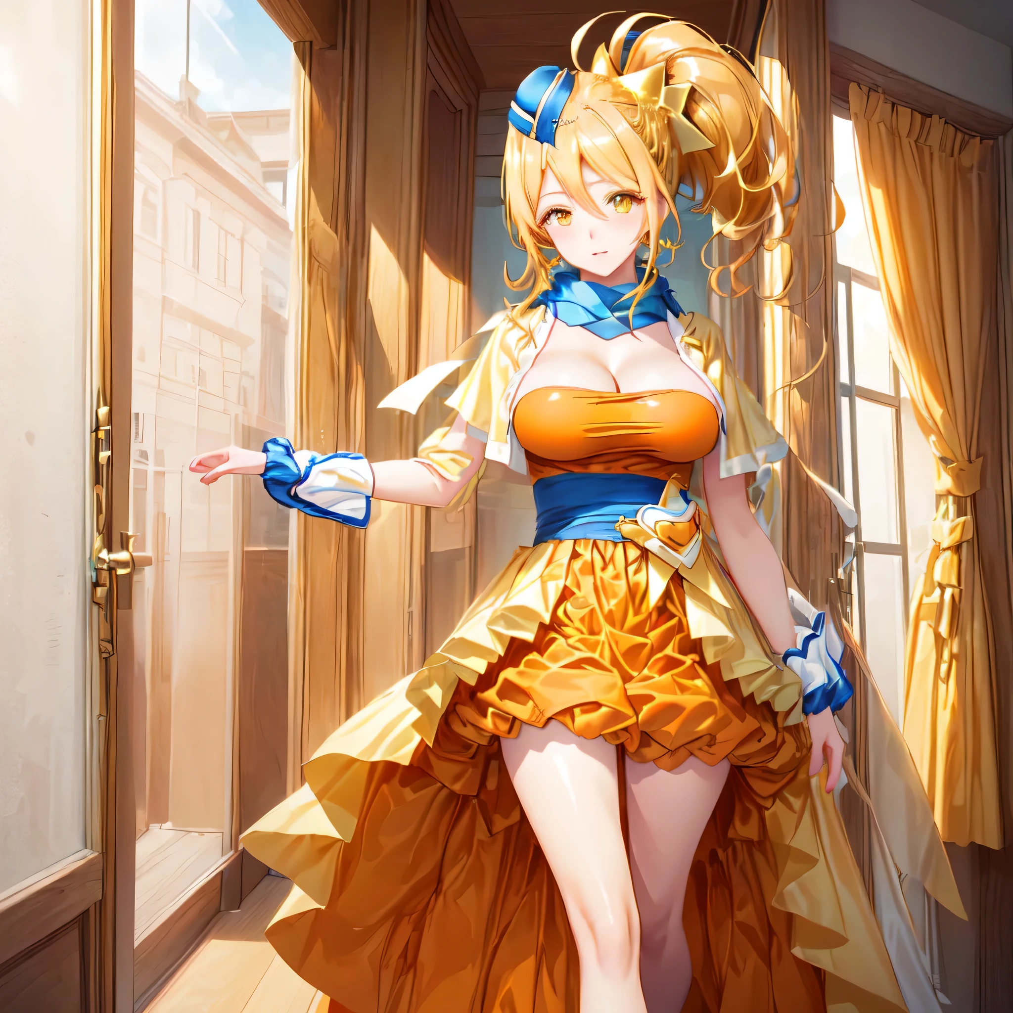 Image of a female character with long blonde hair and an orange dress、solo、Golden Aura、Permed ponytail、High Ponytail、Yellow eyed girl、Official Art、Hair between the eyes、yami cool、Dress Up Darling Anime、Big Breasts、Large Breasts、Blue mini hat、Yellow cardigan、Official character art、High quality artwork、Blue scarf、we、Orange Mini Skirt、Anime Best Boy、A girl is standing、Orange High Heels、Official Artwork、Bare Arms、Bare thighs、Bare legs、Cool anime girls、Also、looking at viewer、Cowboy Shot、