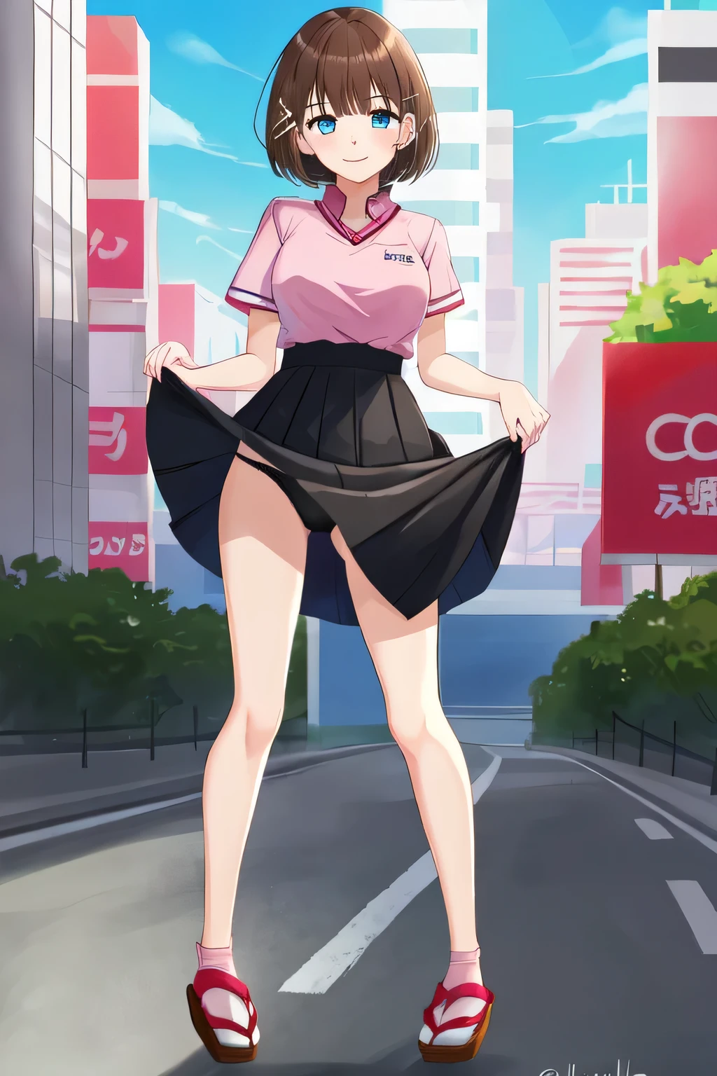 siesta,1girl, short hair, bangs, blue eyes, hair ornament, brown hair, smile, pink shirt, short shirt, short sleeves, short skirt, black skirt , uniform Japanese, full body, shoes, outdoors, cityscape, looking at viewer, lift skirt, show underwear, show from down to up