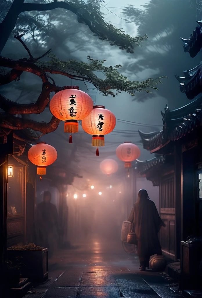 Chinese Ghost Festival,Zhongyuan Universe,ghostly breath,Night street chiaroscuro,Detailed depiction of eerie tree branch texture,Transparent ghosts float in the smoke,Lanterns hanging from trees,There are flowers on it, shaded lighting,background bokeh,depth of field,soft light,aesthetic lighting, dim light,peaceful yet scary atmosphere,Mysterious and dark,Detailed lighting effects,Soft color transitions,Weird place,foggy, Dislocation of space-time,reincarnation flip。 Turn things upside down,The sun and moon have no light, Confusing and absurd,Nightmares again and again。 Mysterious and unreal,Phantoms, gothic shadow,shrouded in all directions。 cyberpunk, the dark forest,Heterogeneous space, Hidden countless unknown secrets,Forgotten souls wandering in the night。