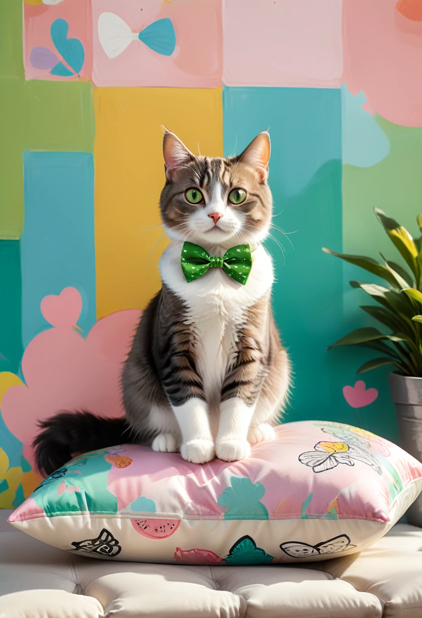 A cute cat sits on a soft, fluffy pillow in front of a bright, colorful wall with cartoon-like drawings and playful patterns. The cat has bright green eyes and a little pink nose, wearing a tiny bow tie made of ribbons. Its fur is smooth and silky, with a subtle sheen in the sunlight, (masterpiece, best quality, Professional, perfect composition, very aesthetic, absurdres, ultra-detailed, intricate details:1.3)