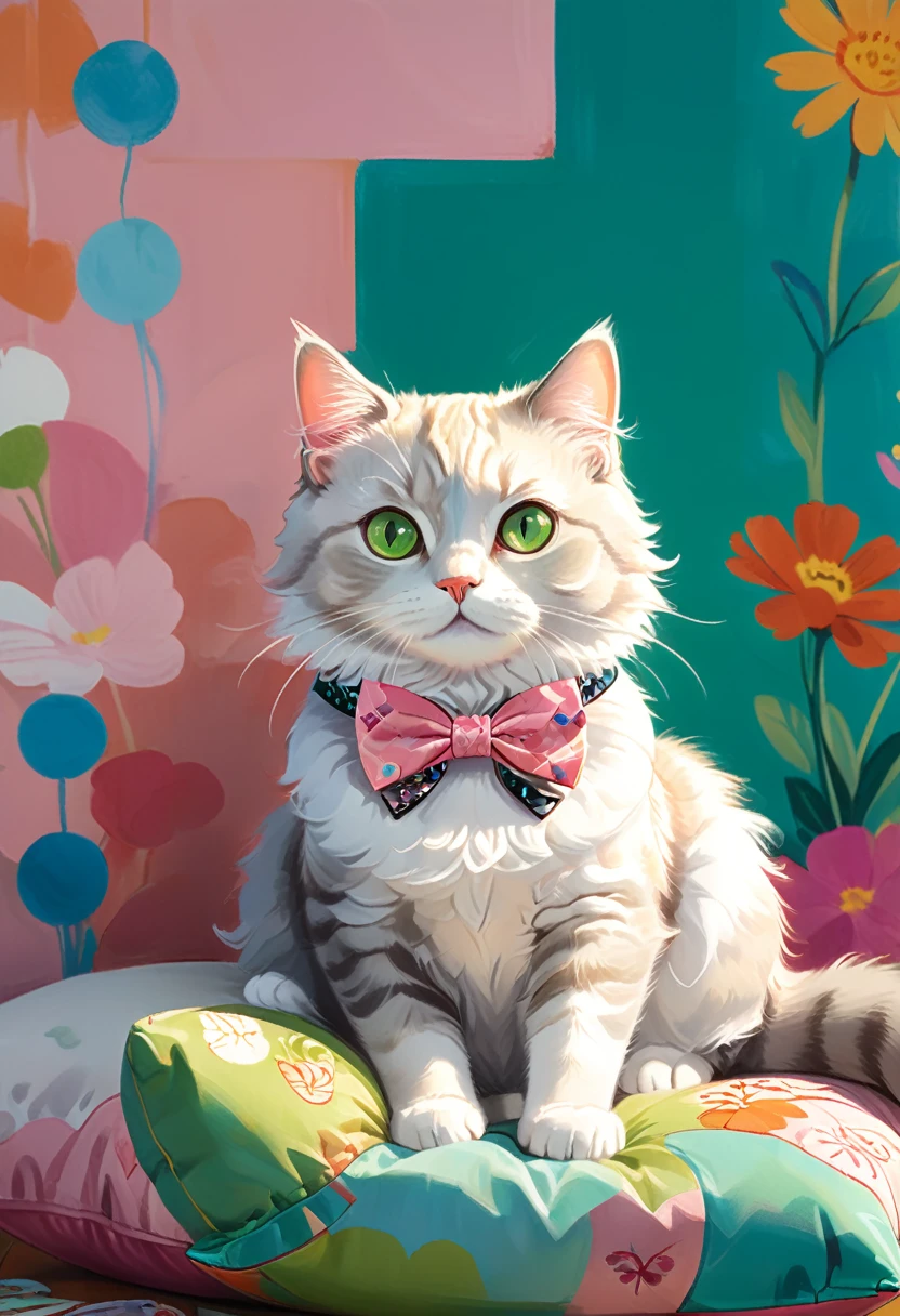 A cute cat sits on a soft, fluffy pillow in front of a bright, colorful wall with cartoon-like drawings and playful patterns. The cat has bright green eyes and a little pink nose, wearing a tiny bow tie made of ribbons. Its fur is smooth and silky, with a subtle sheen in the sunlight, (masterpiece, best quality, Professional, perfect composition, very aesthetic, absurdres, ultra-detailed, intricate details:1.3)