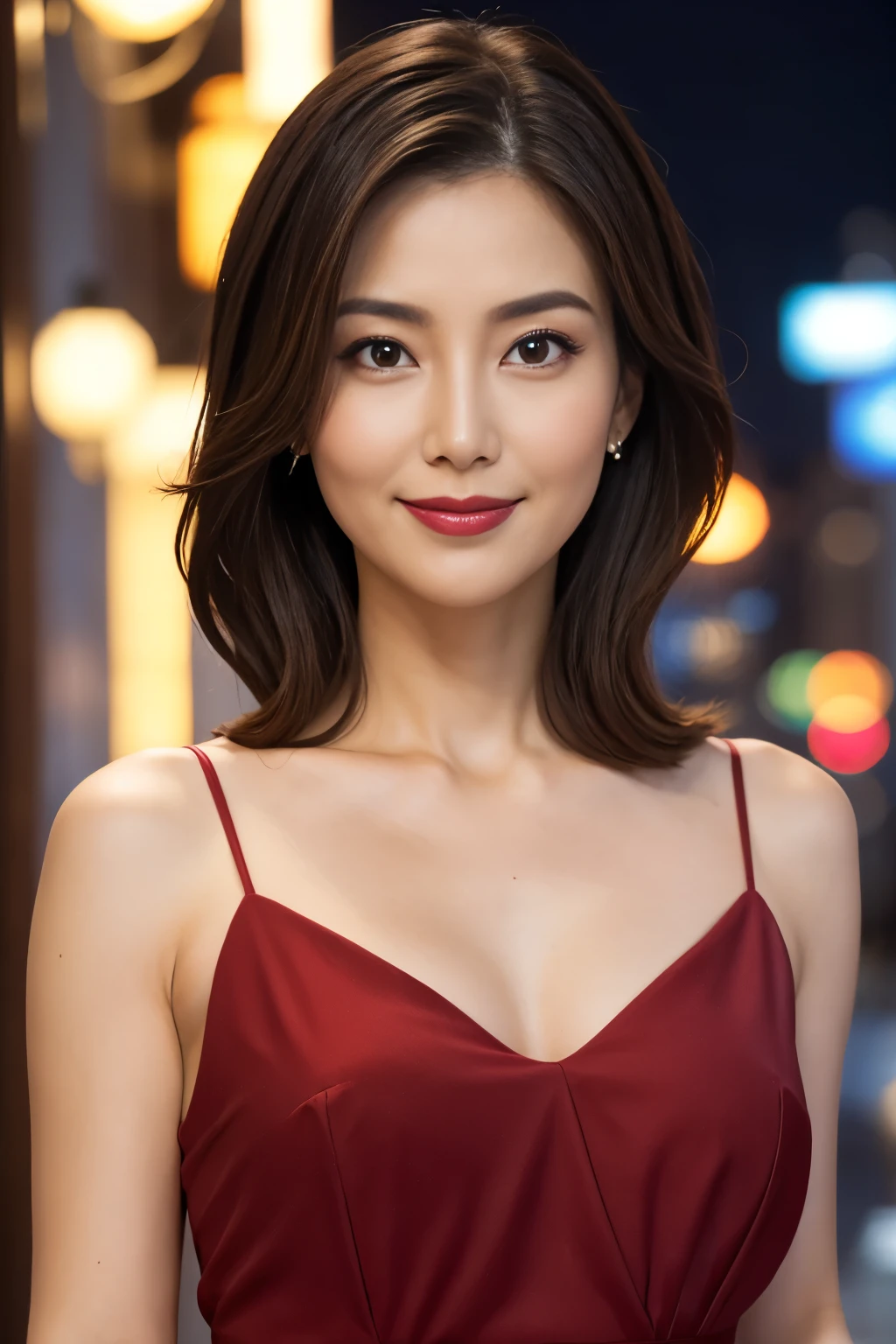 highest quality, 8K resolution, masterpiece, Professional photography, 40 year old beauty, Walk through the downtown area at night, (Elegant and stylish crimson top), Close-up of face, ((Look forward)), (((View your viewers))), smile, Wrinkles around the eyes, Standing Elegantly, Plump and soft body, Elegant and beautiful hair, Shapely breasts, Perfect Makeup, Beautiful lipstick, Elegant eyeshadow, Ultra-high resolution glossy skin