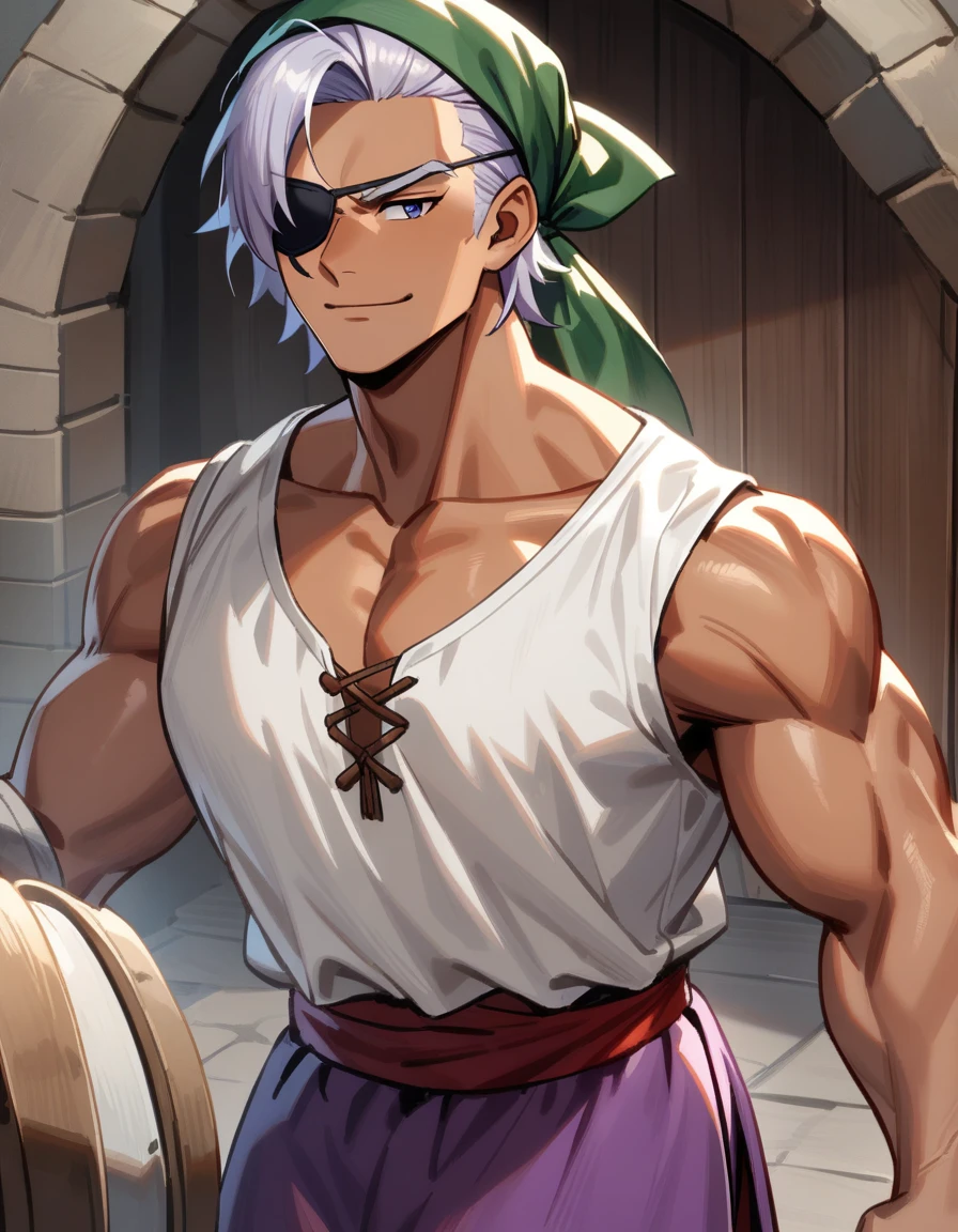 1man, muscular mature, pirate, green headscarf, gray hair, headscarf with asymmetrical bangs, blue 1eye, black eyepatch, short hair, tanned skin, tough, ordinary, forehead, asymmetrical medium bangs, BREAK solo, red waist cloth, purple arabian pants, white sleeveless shirt, loose fitting shirt, tented shirt, medieval, soft smile, in jrpg style, 1990s, masterpiece, best quality