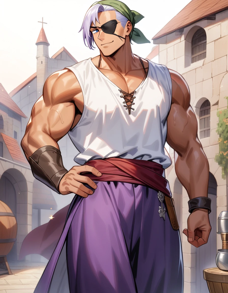 1man, muscular mature, pirate, green headscarf, gray hair, headscarf with asymmetrical bangs, blue 1eye, black eyepatch, short hair, tanned skin, tough, ordinary, forehead, asymmetrical medium bangs, BREAK solo, red waist cloth, purple arabian pants, white sleeveless shirt, loose fitting shirt, tented shirt, medieval, soft smile, in jrpg style, 1990s, masterpiece, best quality