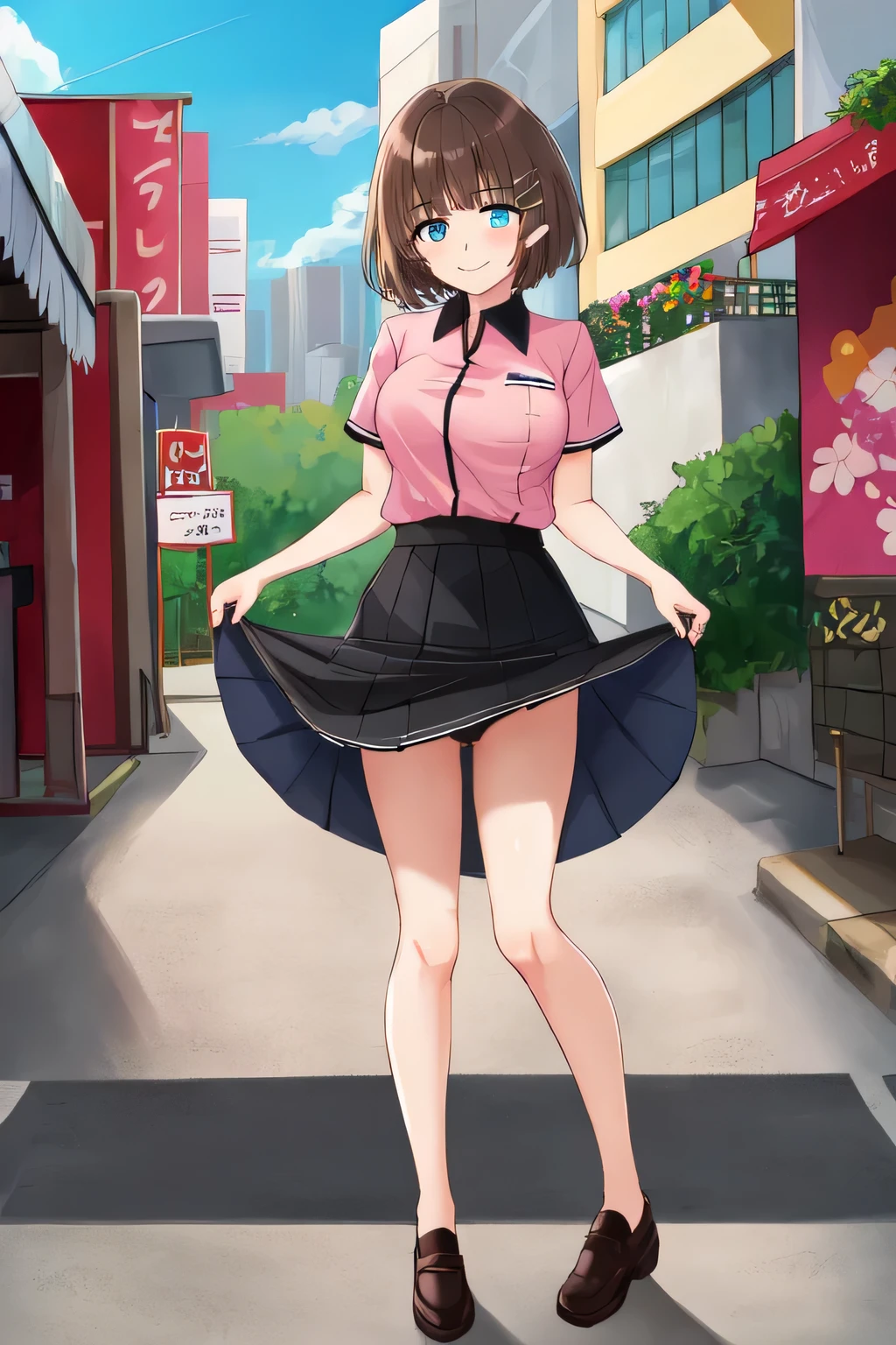 siesta,1girl, short hair, bangs, blue eyes, hair ornament, brown hair, smile, pink shirt, short shirt, short sleeves, short skirt, black skirt , uniform Japanese, full body, shoes, outdoors, cityscape, looking at viewer, lift skirt, show underwear, show from down to up