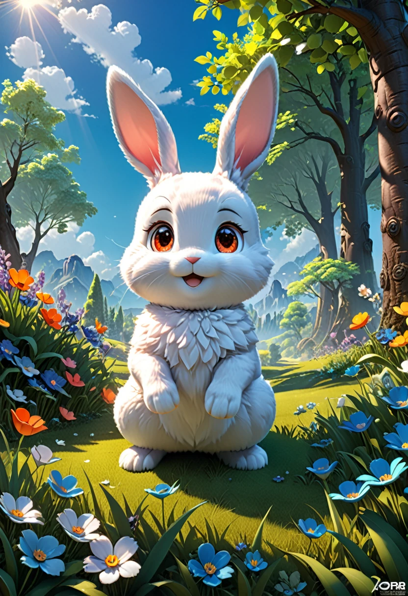 A cute rabbit cub in the grass, spring flowers and trees, blue sky, bright colors, 8k, UHD professional 3d model, anime artwork pixar, 3d style, good shine, OC rendering, volumetric, dramatic lighting, (masterpiece, best quality, Professional, perfect composition, very aesthetic, absurdres, ultra-detailed, intricate details:1.3)