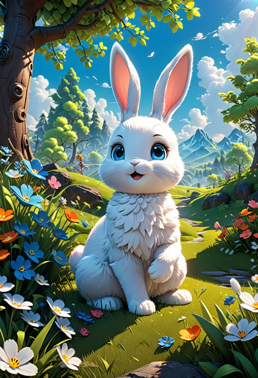 A cute rabbit cub in the grass, spring flowers and trees, blue sky, bright colors, 8k, UHD professional 3d model, anime artwork pixar, 3d style, good shine, OC rendering, volumetric, dramatic lighting, (masterpiece, best quality, Professional, perfect composition, very aesthetic, absurdres, ultra-detailed, intricate details:1.3)