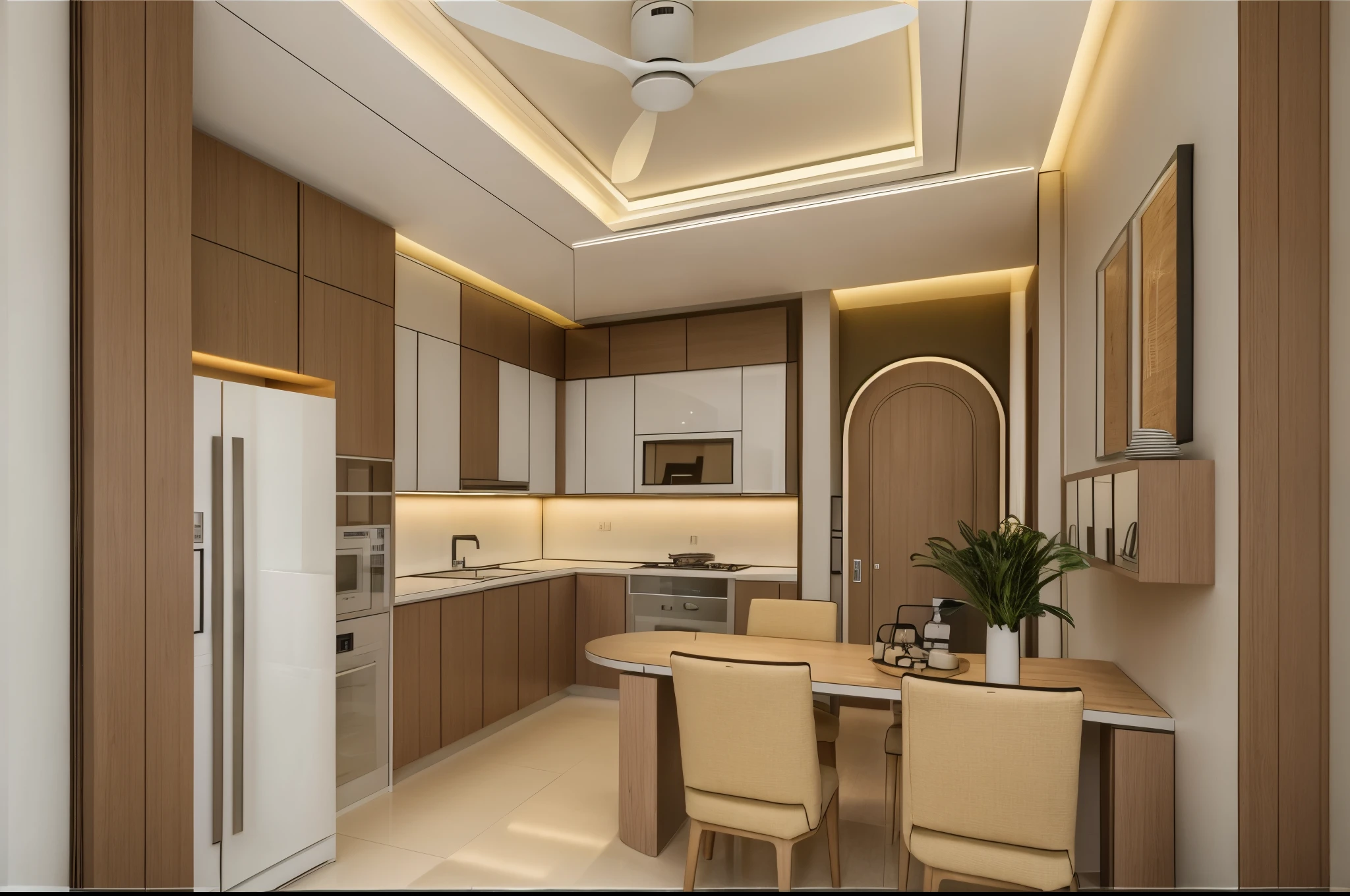 kitchen interior, modern style, tiled floor, oak lower cabinets, white upper cabinets, neutral color scheme, beautiful lighting, (actual: 1.2), Raw photo, Masterpiece, high quality, quality best quality, authentic, super detailed,
