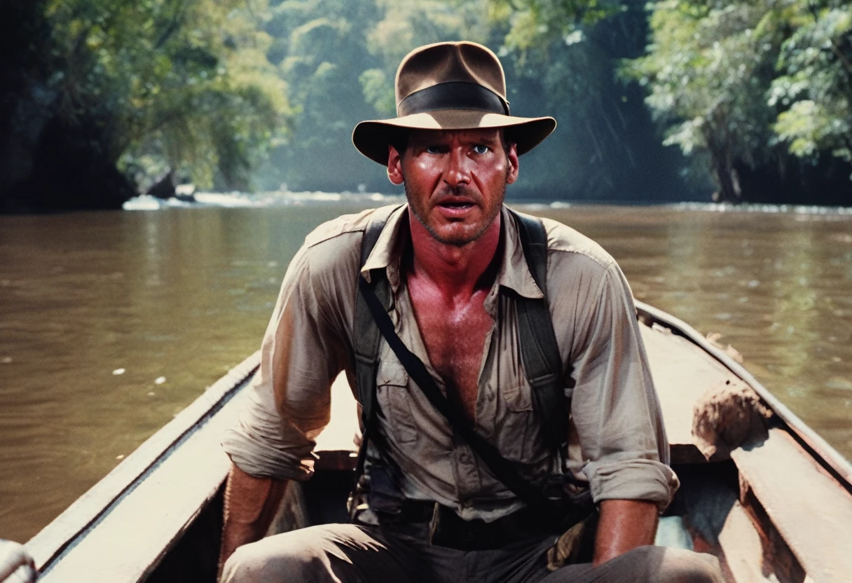 Indianajones Person inside a boat on a river. jungle background, Sideshow, eerie moody, iconic hat, film grain movie scene.