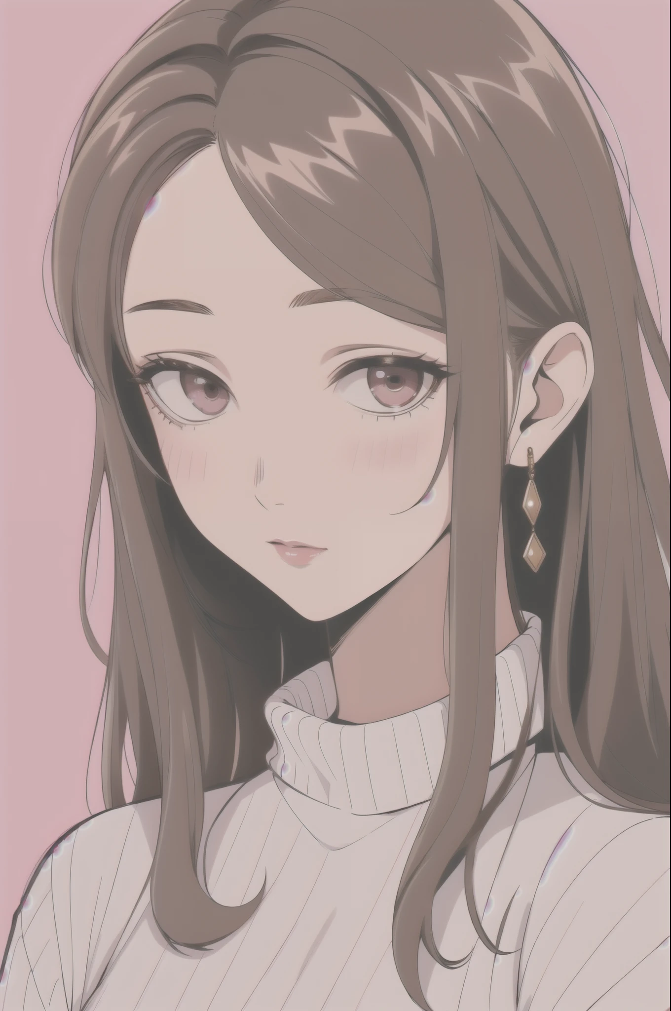 Girl, long soft brown hair, sharp gray eyes, sharp features, white skin, pink lips, sweater