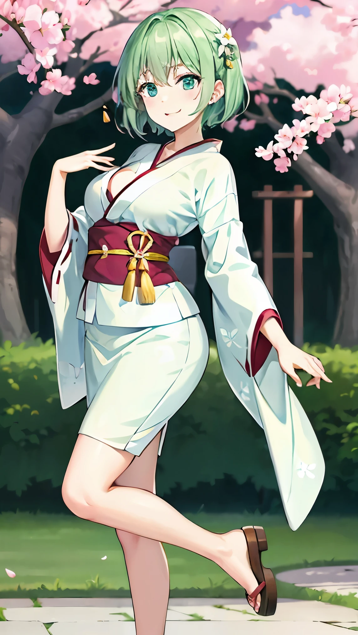 Girl with short green hair, Small breasts, Green Eyes, White Casual Beauty Special、(((tits))),Full body photo from head to toe、Kimono、Patterned Japanese clothing、Cherry tree in full bloom、Fluttering petals、Dance、Dancer、Dancing on stage、