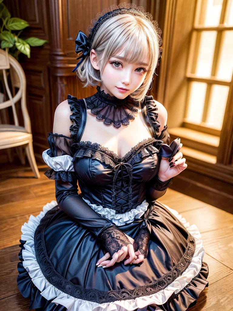 (8K, Photorealistic, Raw photo, of the highest quality: 1.3), (1girl in), Super beautiful, (Realistic face), (boyish, Silver Color Berry Shorthair), Beautiful , Glare that captivates the viewer, Beautiful expression, Beautiful breasts, (Realistic skin), Be...Super high quality, super high definition, super detailed, masterpiece, 20years old, female, cute, perfect face, beautiful, nice body, gothic lolita clothes, gothic lolita fashion, frilly skirt, headdress, necklace, bracelet, knee-high socks, boots, double eyelids, tear bags, Detailed down to the fingers, photo-like description, indoors, dim indoor lighting, blonde hair, short bob, standing, whole body, composition that shows the whole body, smiling