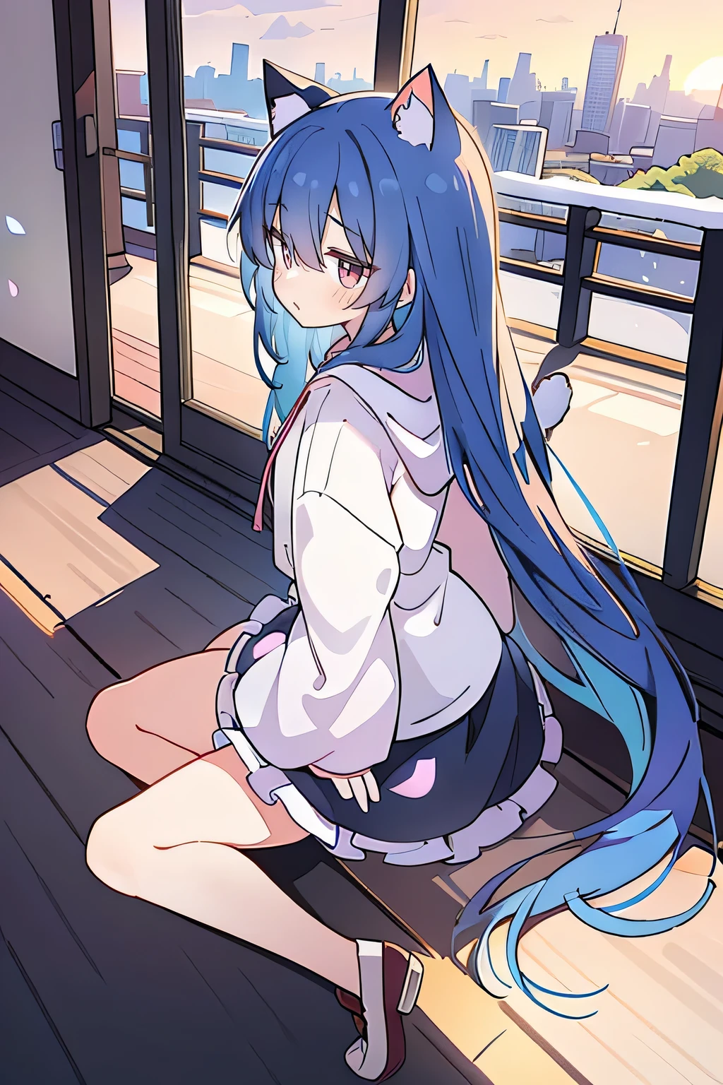 （masterpiece：1.2），Super detailed，lifelike，Expressive eyes，fair skin，perfect face shape，1 girl，
Japanese comics,Gorgeous blue hair,flowing blue hair,flowing clothes,Cat ears,Petals fall,beautiful lola,Baby Angel,sunrise,
Cross your legs，Gentle and peaceful background，The pavilion is cool and comfortable,smile, wearing hoodie, background of tokyo,back views,snowing, winter.
