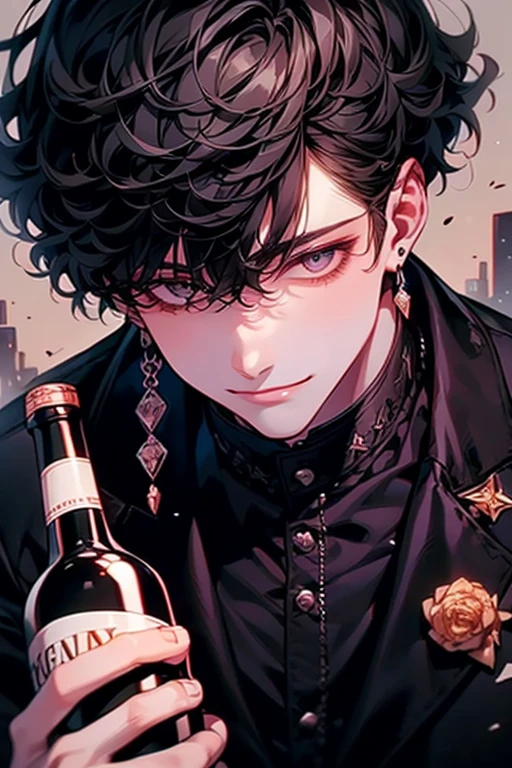 (Flying debris), (highest quality), Very detailed, ((Two men)), Perfect Face, Beautiful Face, Very detailed顔,(Black hair perm man:1.3),(A man with blond hair:1.3),suit,shirt,smile,Wine bottle、Monochrome、Line art