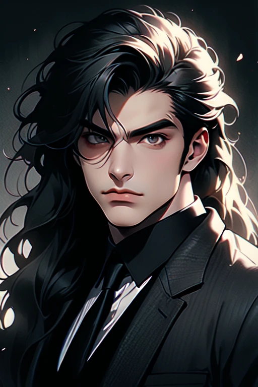 (masterpiece, best quality:1.2), (absurd res, high res, ultra detailed), 1 male, adult, handsome, tall muscular guy, broad shoulders, white  long hair, finely detailed eyes, portrait, looking at viewer, solo, half shot, detailed background, detailed face, (gothic), smirk, vampire, dark leather, high fantasy,, stealth, undercover, (crates in background), shadows, fog, (dutch angle), closed mouth, black pants