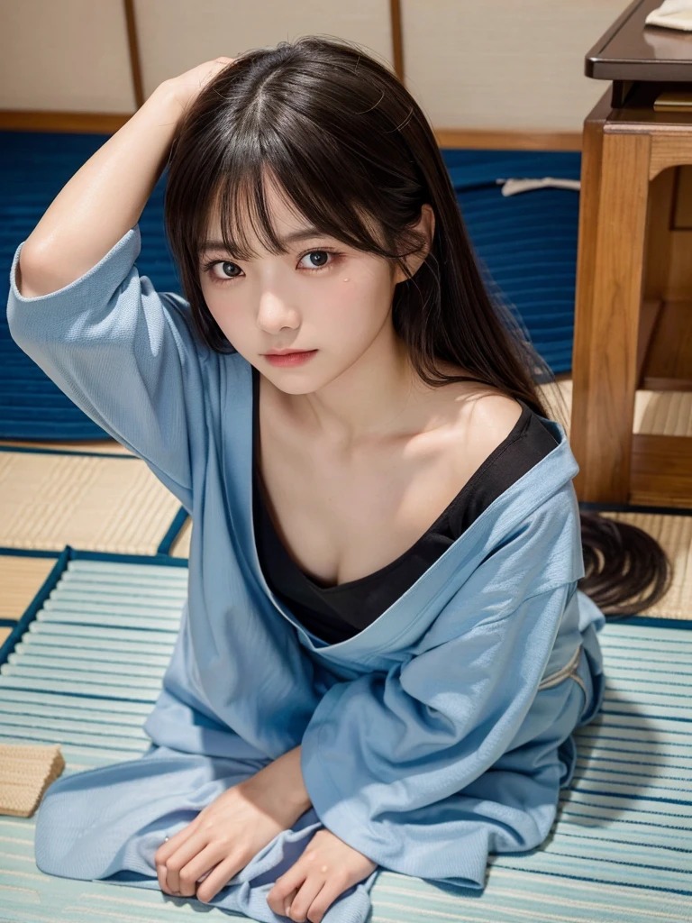 (highest quality,masterpiece:1.3,超High resolution),(Very detailed,Caustics,8k),(Realistic:1.4,RAW shooting),18-year-old,Japanese,cute,kimono，Black long hair,forward leaning posture,Chest-up shot,Ultra-high definition 8K,highest quality,Very detailedな,masterpiece,Realistic,Rich details,Photographic realism,Very detailedな環境,Very detailedな照明,Very detailedな詳細,Photographic works,Painful expression,cry,目を開けてcry,(Lying on tatami mats:1.5),Looking at the camera,Top view angle, Bare skin above the collarbone， Shoulder Bare Skin, masterpiece, highest quality, High resolution, View your viewers,(Face Focus:1.1),(Face close-up:1.1),