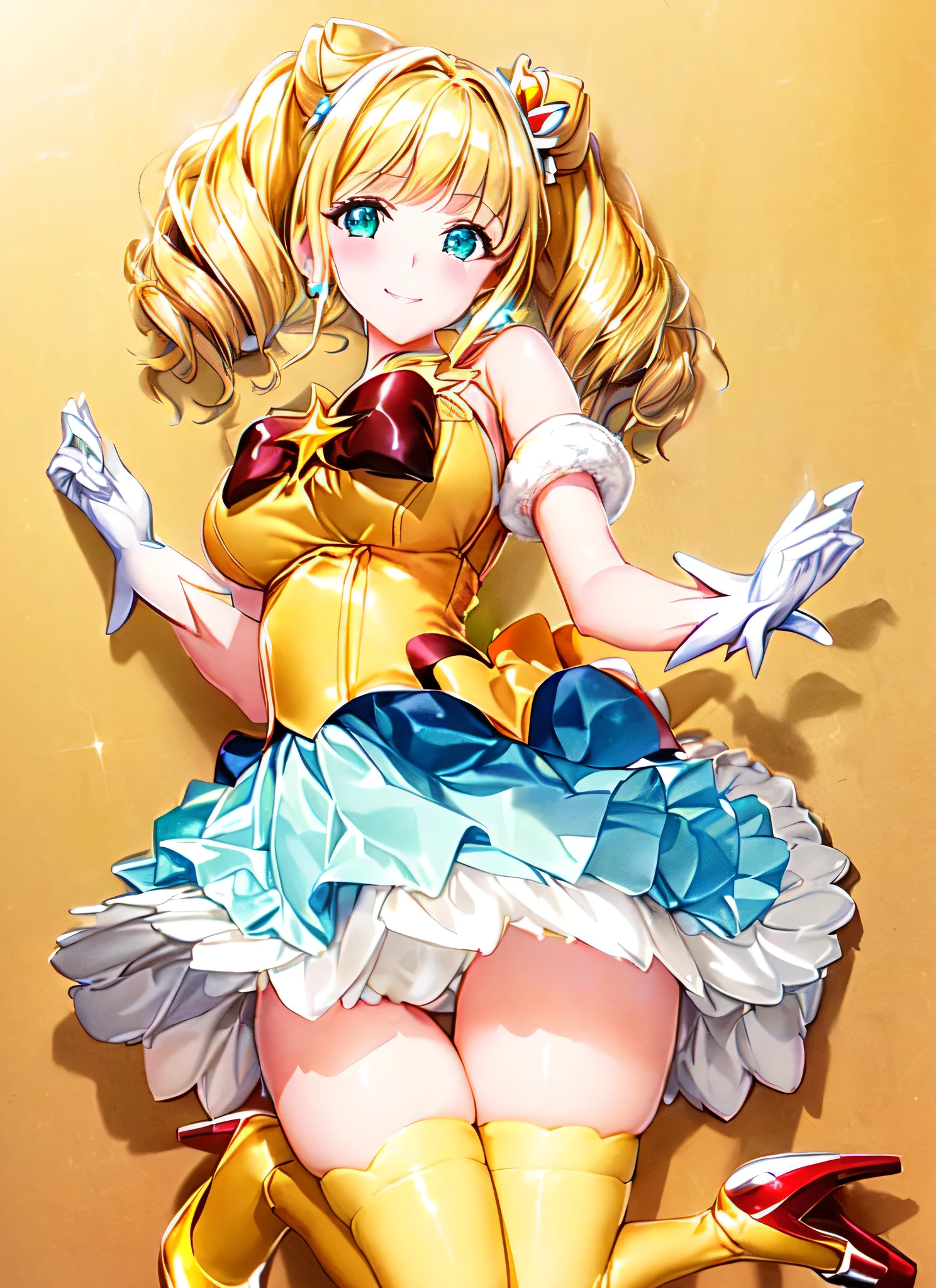 Image of a female character wearing a dress、Twin tail hair、solo、Blonde girl、Green Eyed Girl、cone hair bun、smile、portrait of Magical girl,、sparkling Magical girl、White gloves、smile、Official Artwork、Yellow Dress、Official Art、Yellow vest、Magical girl、yami kawaii、Big Breasts、Had a large chest、style of Magical girl、perfect body、thigh-high socks with an black、Yellow high heels、Cute Core Crown Core、!!Full body portrait!!、shiny body、shiny skin、Jewelry、bow、