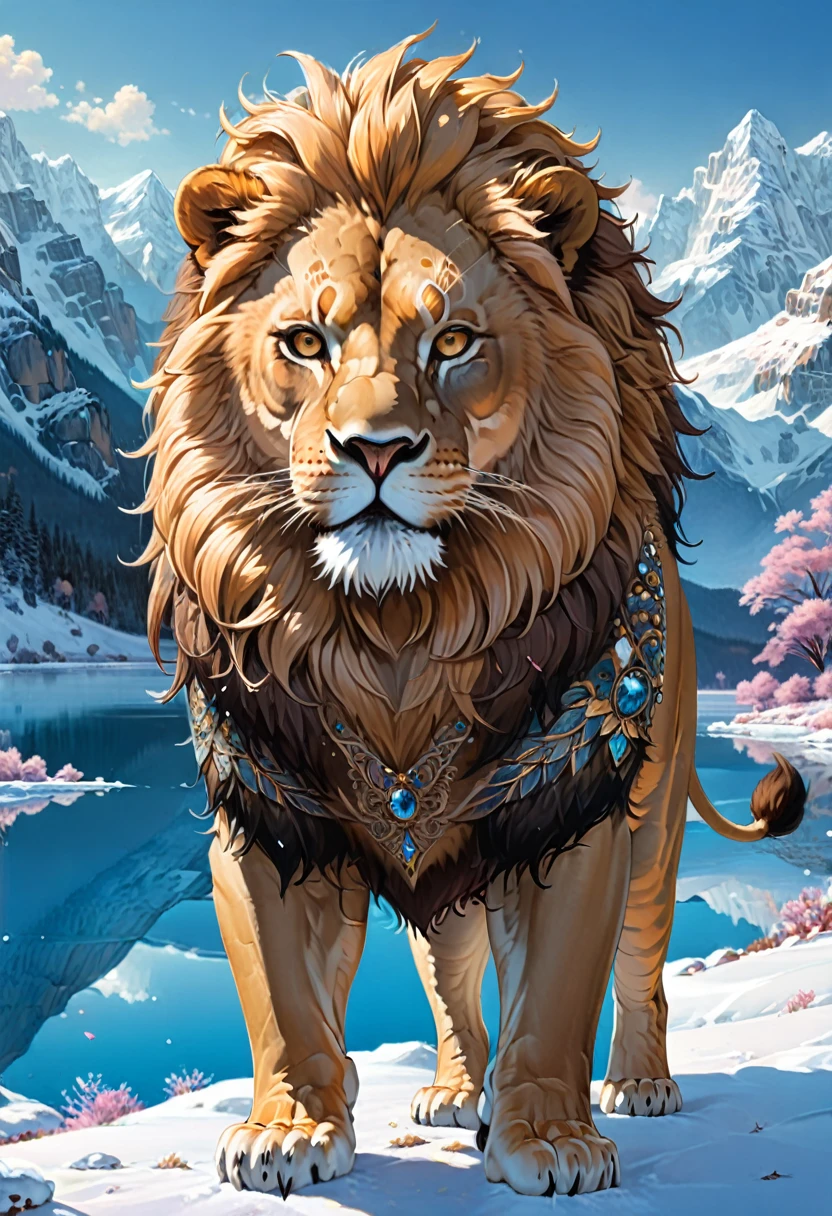 A lion with sunglasses, showing a hilarious expression of astonishment and laughter, standing in a snowy wilderness. The majestic creature is framed by snow-covered mountains and a pristine frozen lake reflecting the bright blue sky. With a slight motion blur, the lion's regal stance captivates the viewer, creating a humorous and enchanting scene, (masterpiece, best quality, Professional, perfect composition, very aesthetic, absurdres, ultra-detailed, intricate details:1.3)