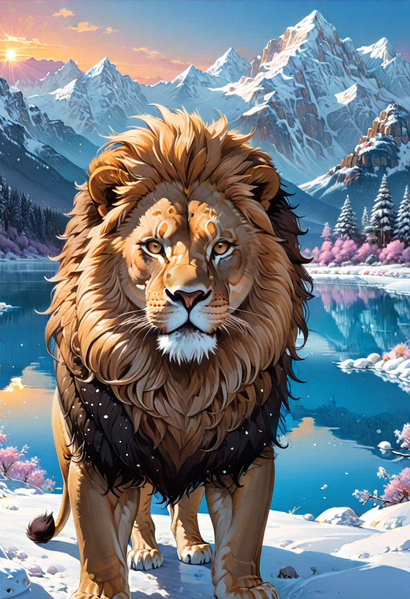 A lion with sunglasses, showing a hilarious expression of astonishment and laughter, standing in a snowy wilderness. The majestic creature is framed by snow-covered mountains and a pristine frozen lake reflecting the bright blue sky. With a slight motion blur, the lion's regal stance captivates the viewer, creating a humorous and enchanting scene, (masterpiece, best quality, Professional, perfect composition, very aesthetic, absurdres, ultra-detailed, intricate details:1.3)