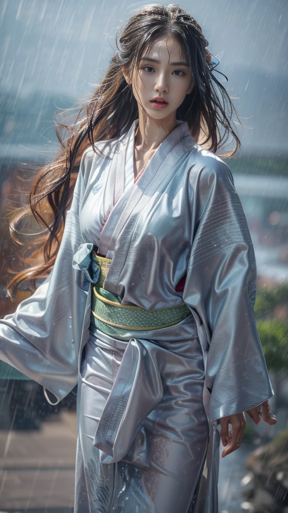 (RAW shooting:1.5, Photorealistic:1.5, 16k, highest quality, masterpiece, Ultra-high resolution), Perfect dynamic composition:1.3, (heavy snow, On a cliff on a precipitous cliff, Great background, Expressions of sadness:0.9), Highly detailed skin and facial textures:1.3, Wet slim woman:1.2, Random Shot, Fair skin:1.2, Mysterious portrait:1.1, Incredibly slim body:1.2, aesthetic:1.1, Very beautiful face:1.2, Water droplets on the skin, (Rain dripping down on my body:1.1, Wet body:1.1, Wet Hair:1.1), (Professional kimono dressing:1.1, With a wet bouquet:1.2, The correct way to wear a wet silver kimono:1.3), (Shapely breasts, Chest gap), (Beautiful erotic eyes:0.8, Beautiful, erotic lips:0.8), (Too erotic:0.9, Fascinating:0.9), necklace, Earrings, bracelet