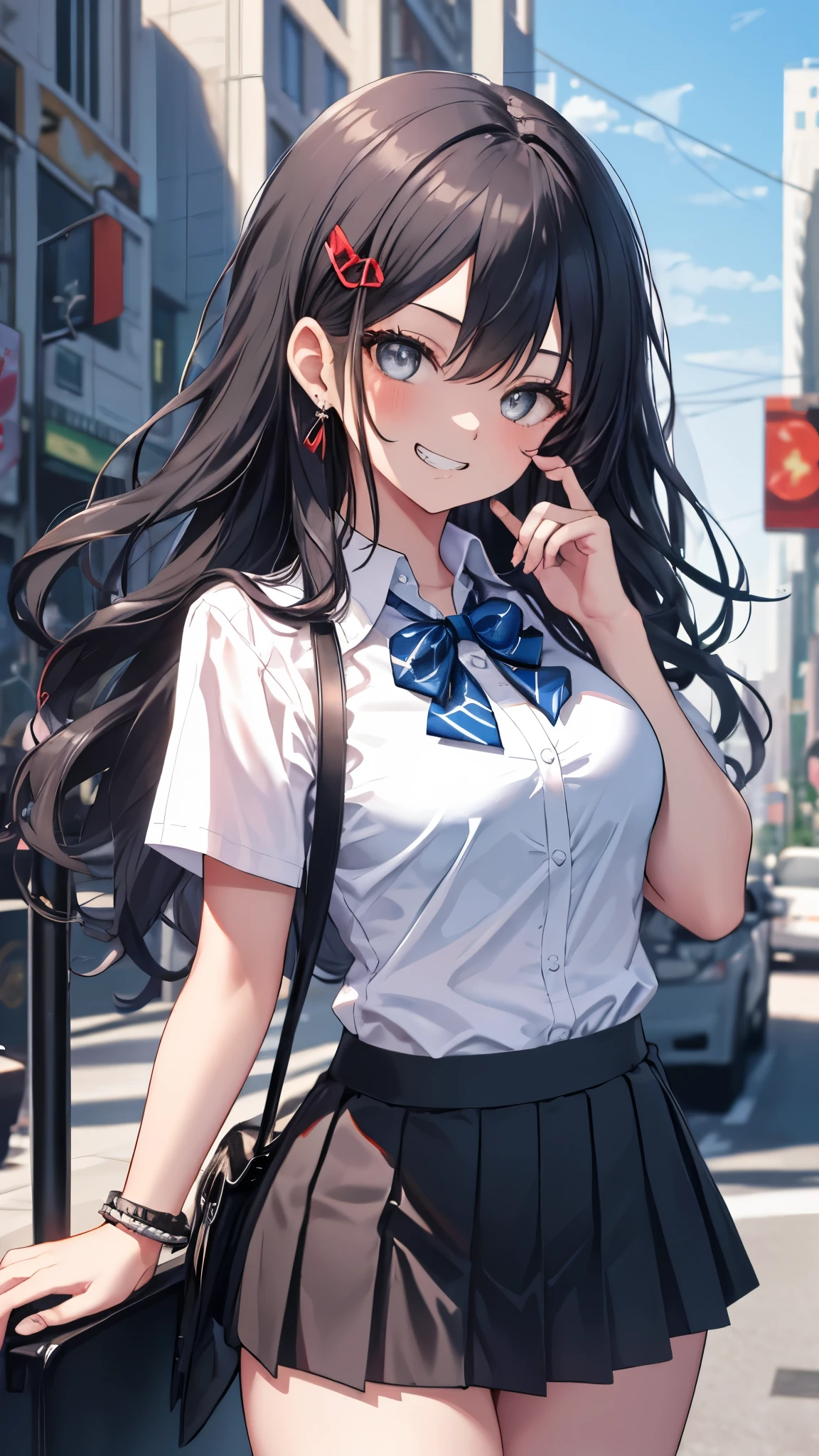 (8k、Best image quality、highest quality、masterpiece)、Detailed face、One girl、gyaru、Black Hair、Long Hair、Wavy Hair、Grey Eyes、evil smile、((Grin))、Large Breasts、((white shirt))、A bow tie、Short sleeve、((miniskirt))、Cowboy Shot、City Background