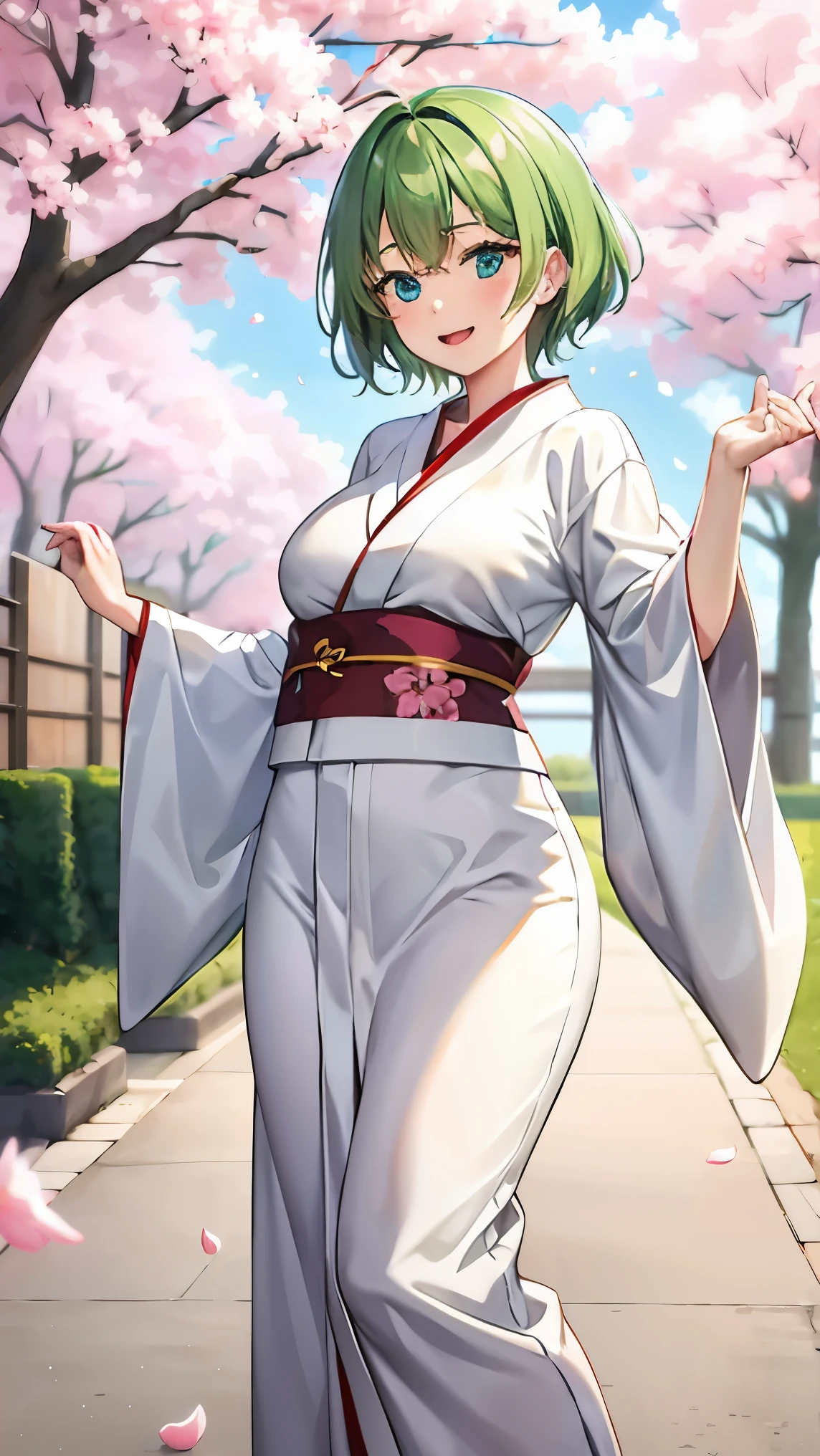 Girl with short green hair, Small breasts, Green Eyes, White Casual Beauty Special、(((tits))),Full body photo from head to toe、Kimono、Patterned Japanese clothing、Cherry tree in full bloom、Fluttering petals、Dance、Dancer、Dancing on stage、