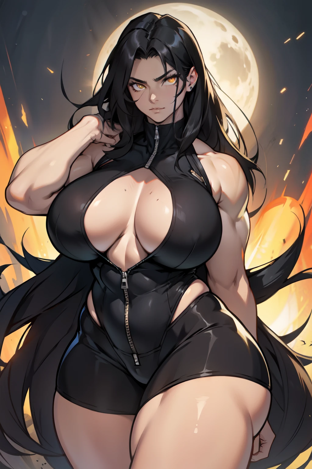 huge breasts huge thighs huge muscles black hair very long hair pale skin yellow eyes