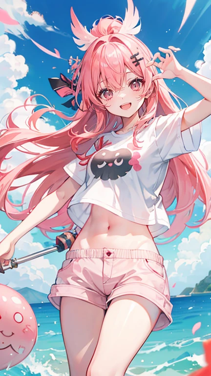 Coral pink hair，Long hair，hair over one eye，Gray eyes，feather hair ornament，cute，Girl，Laughing expression，，Happy and happy expression，White short sleeve，shorts，Suspended in the sky，whole body，Don't show your arms，The background is the atmosphere