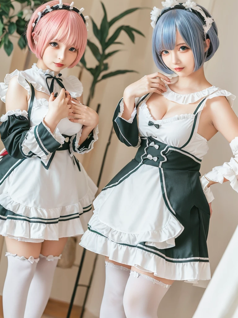 Accurate depiction with high resolution,(8K, Photorealistic, Raw photo, of the highest quality: 1.3), (1girl in), Super beautiful, (Realistic face), (boyish, pink Color Berry Shorthair), Beautiful , Glare that captivates the viewer, Beautiful expression, Beautiful breasts, (Realistic skin), Be...Create a detailed and colorful image of Ram and Rem from Re:Zero, standing back-to-back in their maid outfits, with a magical fantasy background、14years old, two girls,cute, perfect face, beautiful, nice body, gothic lolita clothes, gothic lolita fashion, frilly skirt, headdress, necklace, bracelet, knee-high socks, boots, double eyelids, tear bags, Detailed down to the fingers, photo-like description, indoors, dim indoor lighting, one girl is pink hair and short bob, another girl is light blue hair and short bob,standing,whole body, composition that shows the whole body, smiling,The Both of them are wearing the same type of maid outfit,Optimal ratio of 4 fingers and 1 thumb