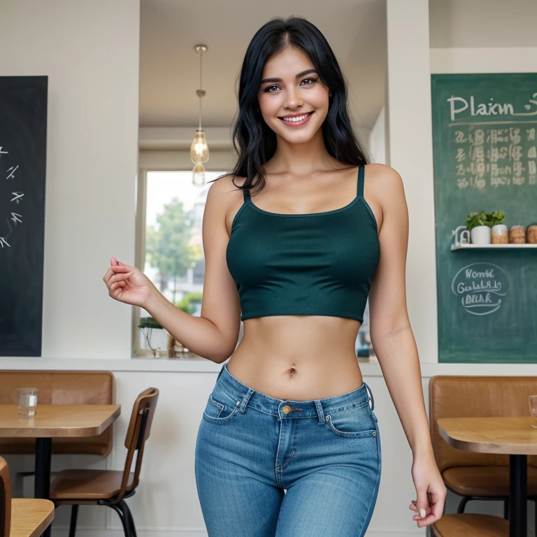 An attractive woman with diamond blue eyes, oval face with smiling shining teeth, sparkling black hair, gorgeous body, small breast, wearing a green top, strong abdomen, blue jeans, anatomically perfect, in a café, HD picture, 8k, artwork, perfect illustration