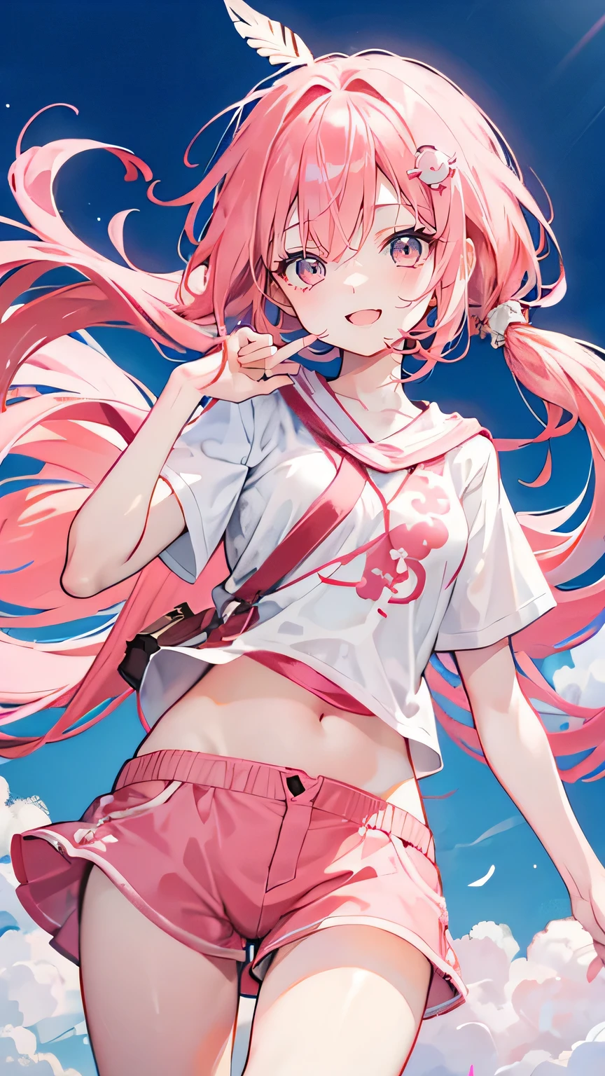 Coral pink hair，Long hair，hair over one eye，Gray eyes，feather hair ornament，cute，Girl，Laughing expression，，Happy and happy expression，White short sleeve，shorts，Suspended in the sky，whole body，Don't show your arms，The background is the atmosphere