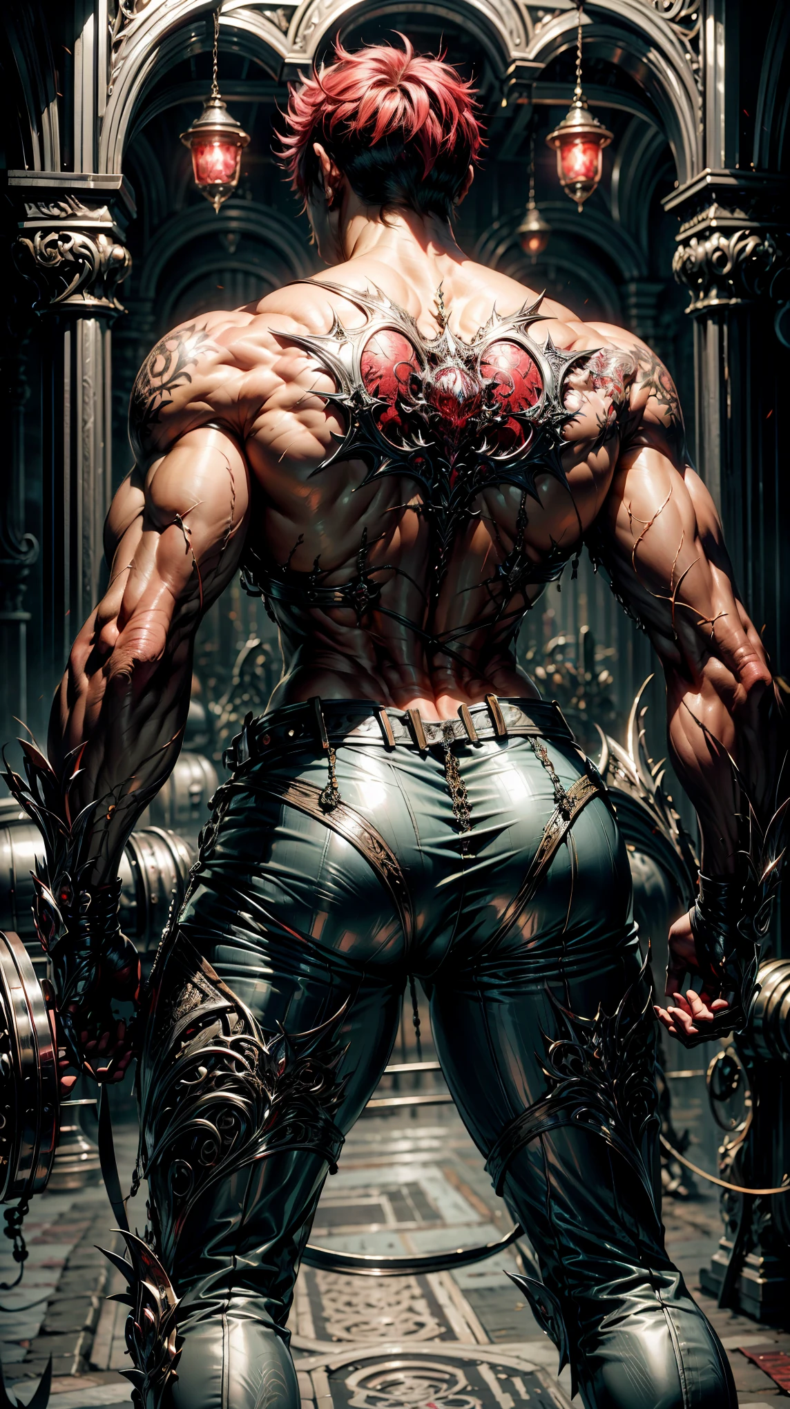 Yuijiro Hanma, red-haired man, standing in a gym, The back is decorated with a devil's tattoo. His back is muscular and defined, The focus of his intense workouts.