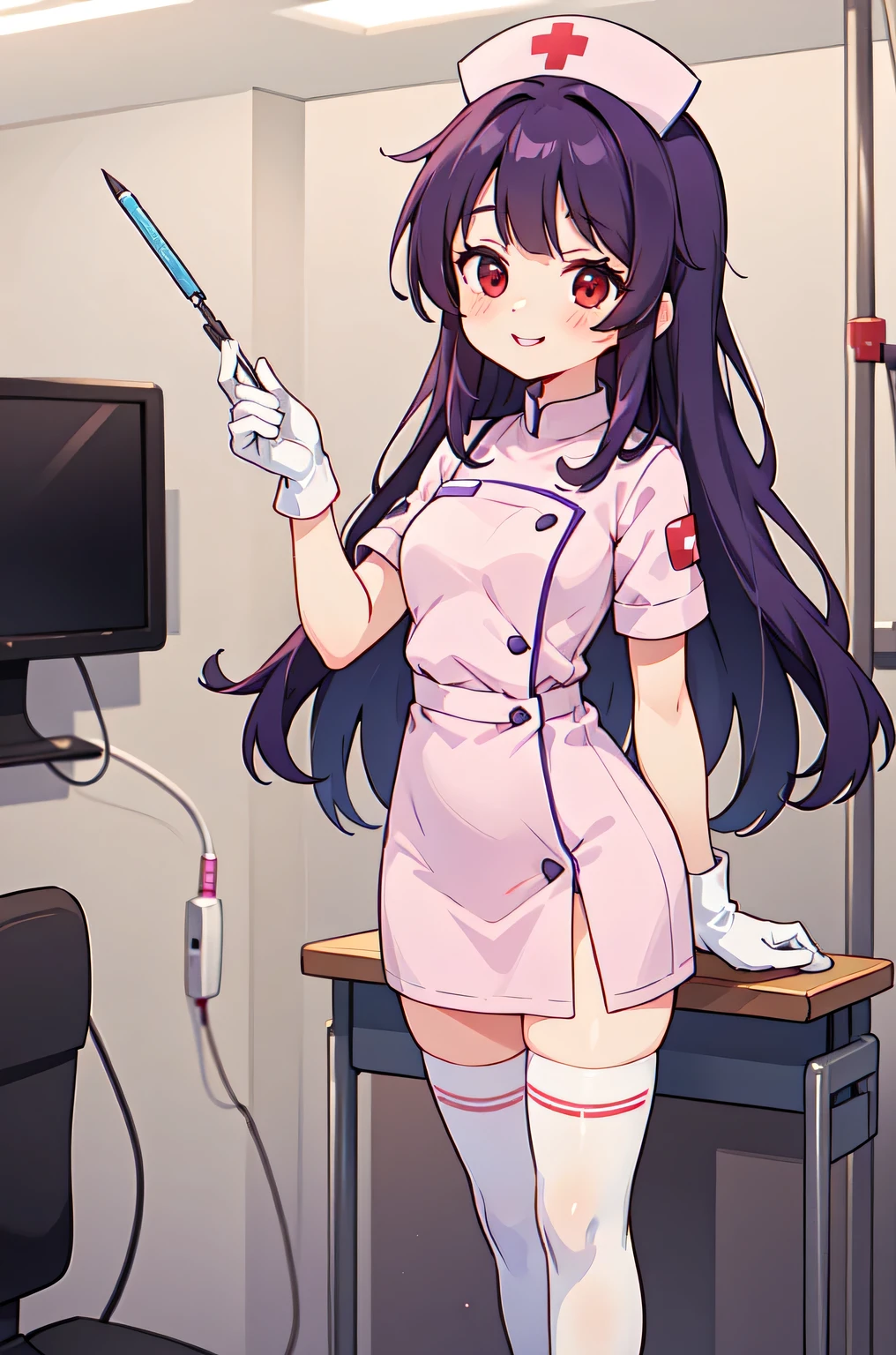 1woman, solo, nurse, white nurse cap, white nurse uniform, ((white legwear, zettai ryouiki)), white gloves, long hair, purple hair, red eyes, pink lips, smile, standing, ((hospital room)), sharp outline, short sleeves, mature female, 35 years old, best quality, masterpiece