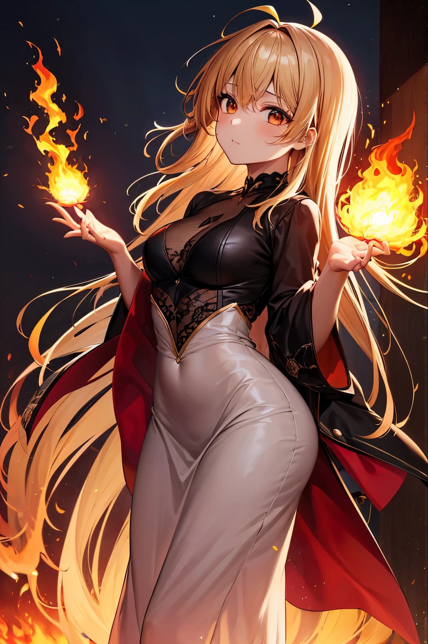 One girl, bangs, breathing fire, combustion, Burnt clothes, 残りfire, Ahoge, Beige Hair, Multicolored Hair, fire, inflammation, inflammationの剣, (Put your hand on the handle), Are standing, Long Hair, Pyrokinesis, Expressionless, cigarette, flower(symbol), alone, fireflower, sunset, Twilight, white flower, lava, Yuri (flower), fiery flower, Depth of written boundary, combustion ,