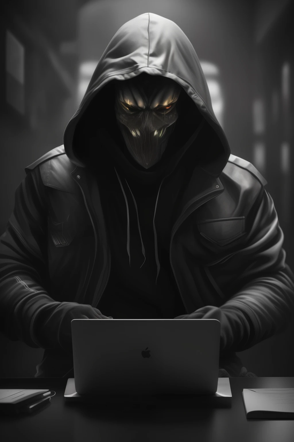 Gray hooded hero with dark face and thundering gray eyes Draw a character that is a little scary Hacker, tough👑, fundo neon preto e cinza, epic lighting, Photographic lighting, reflection mapping, ultra detalhado, fotorrealista, cinematographic, film-quality rendering, visual effects post production, RTX ray tracing lighting, atmosfera mal-humorada, sombra