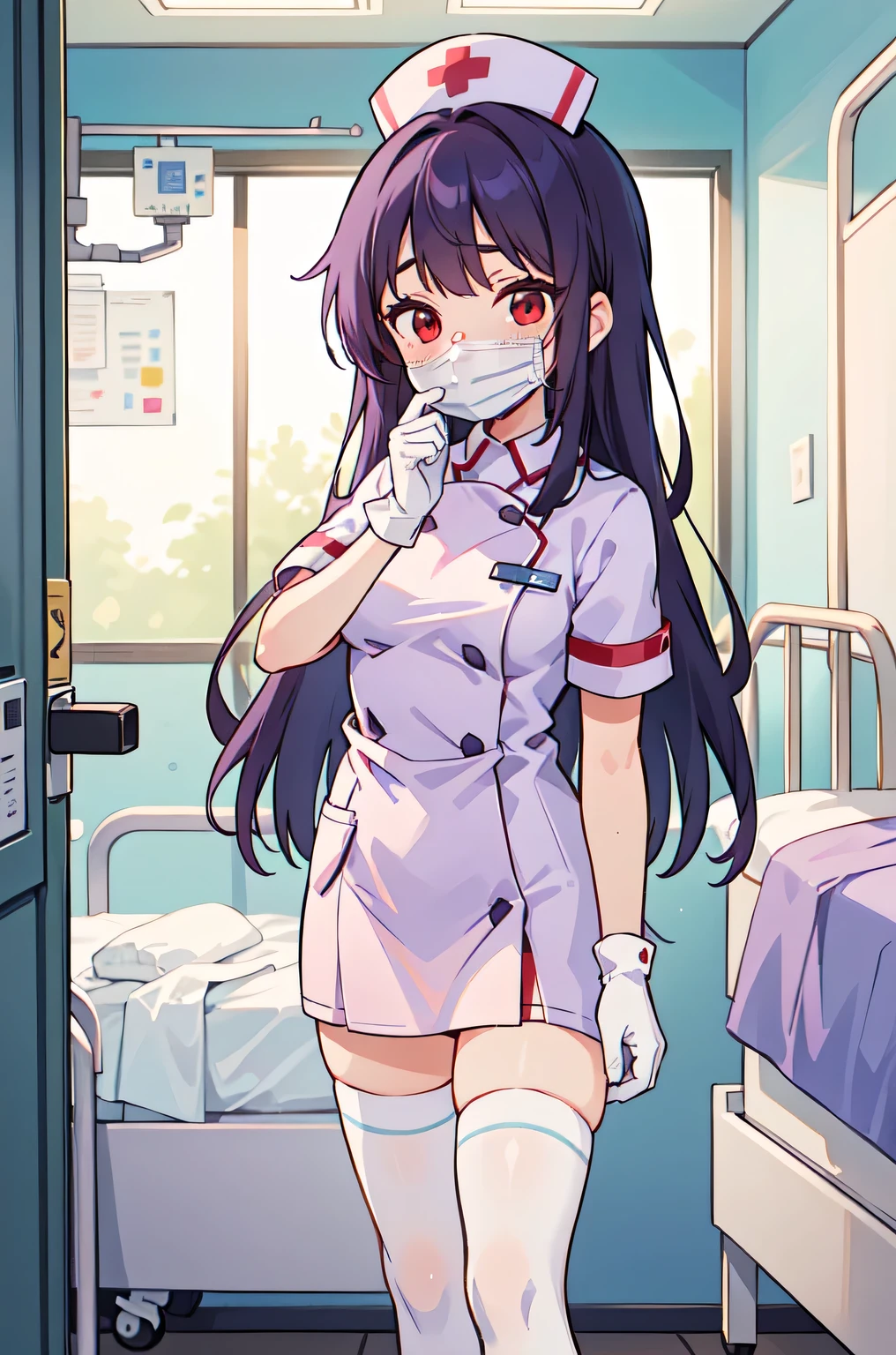 1woman, solo, nurse, white nurse cap, white nurse uniform, ((white legwear, zettai ryouiki)), white gloves, long hair, purple hair, red eyes, ((white surgical mask, covered nose)), standing, ((hospital room)), sharp outline, short sleeves, mature female, 35 years old, best quality, masterpiece