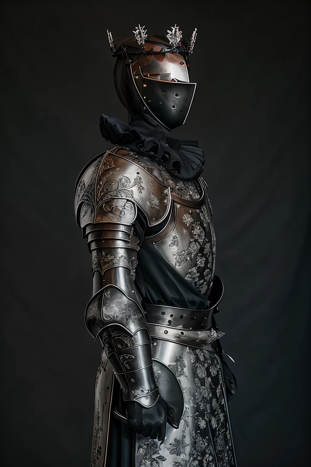 (1girl:1.3),LaceArmor, (red_rose:1.3), solo, shoulder armor, upper body, breastplate, knight, crown, facing viewer, gauntlets, ascot, simple background, chainmail
