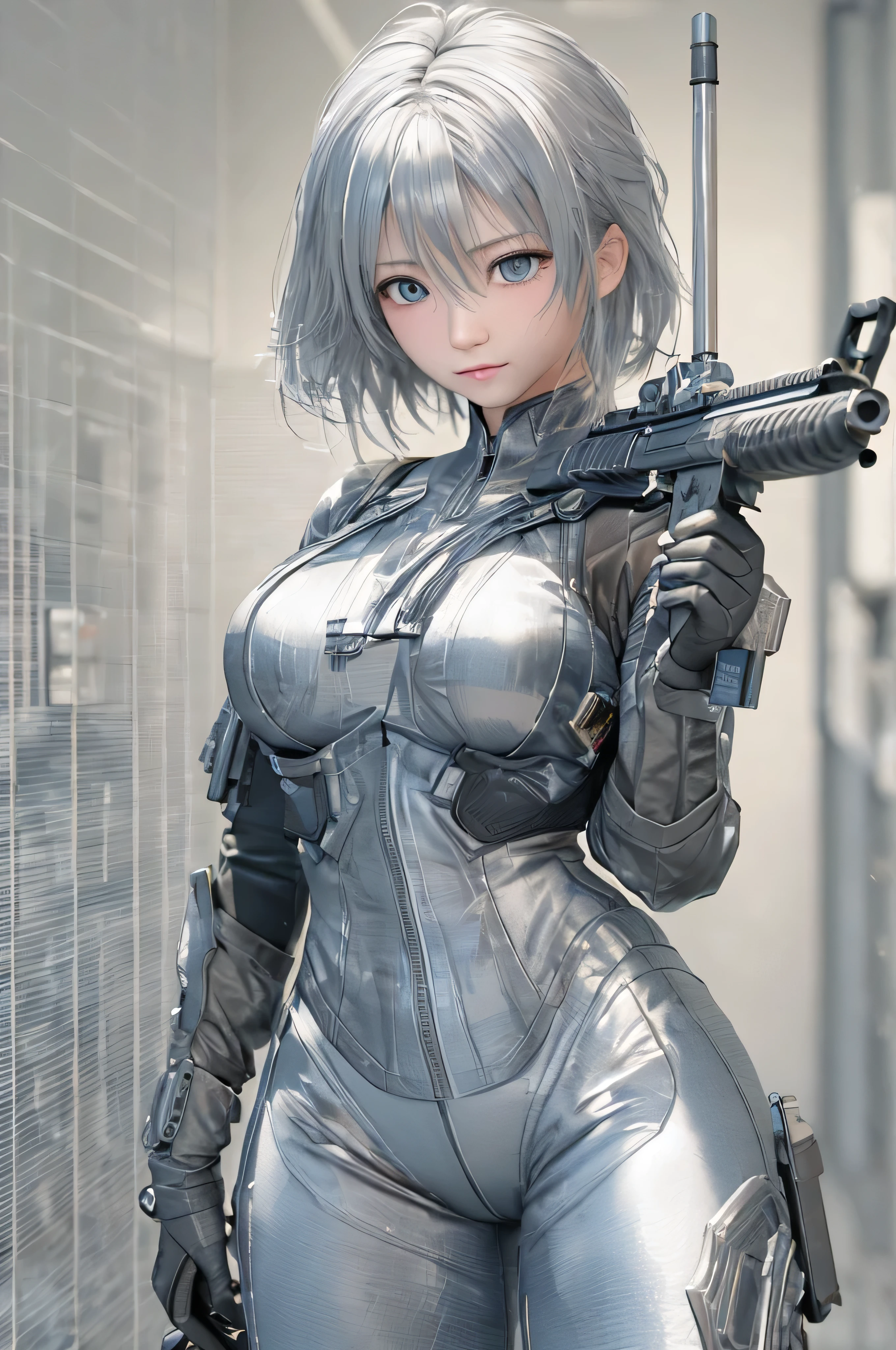 (RAW quality:1.4), 3D, Realistic, highest quality:1.3, High resolution, 1 female, , alone, sexy, Big Breasts, Hip Up, Beautiful Blue Eyes, (Realistic Face), (boyish, Silver color very short hair), Tight light grey military bodysuit, Assault rifle, jewelry, Portraiture, (Assault rifleを持つ:1.4), Blurred Background, Shallow subject depth,