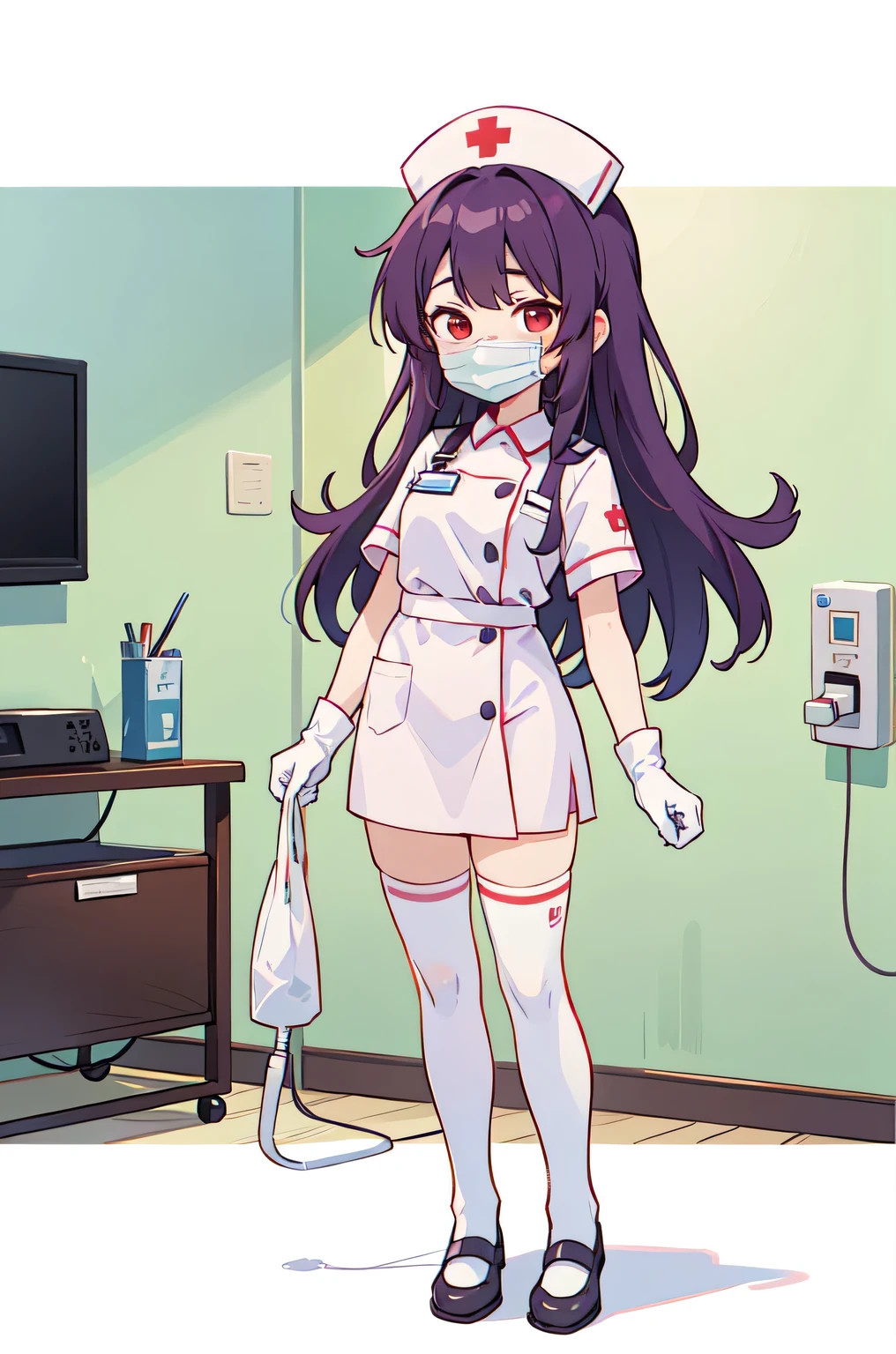 1woman, solo, nurse, white nurse cap, white nurse uniform, ((white legwear, zettai ryouiki)), white gloves, long hair, purple hair, red eyes, ((white surgical mask, covered nose)), standing, ((hospital room)), sharp outline, short sleeves, mature female, 35 years old, best quality, masterpiece