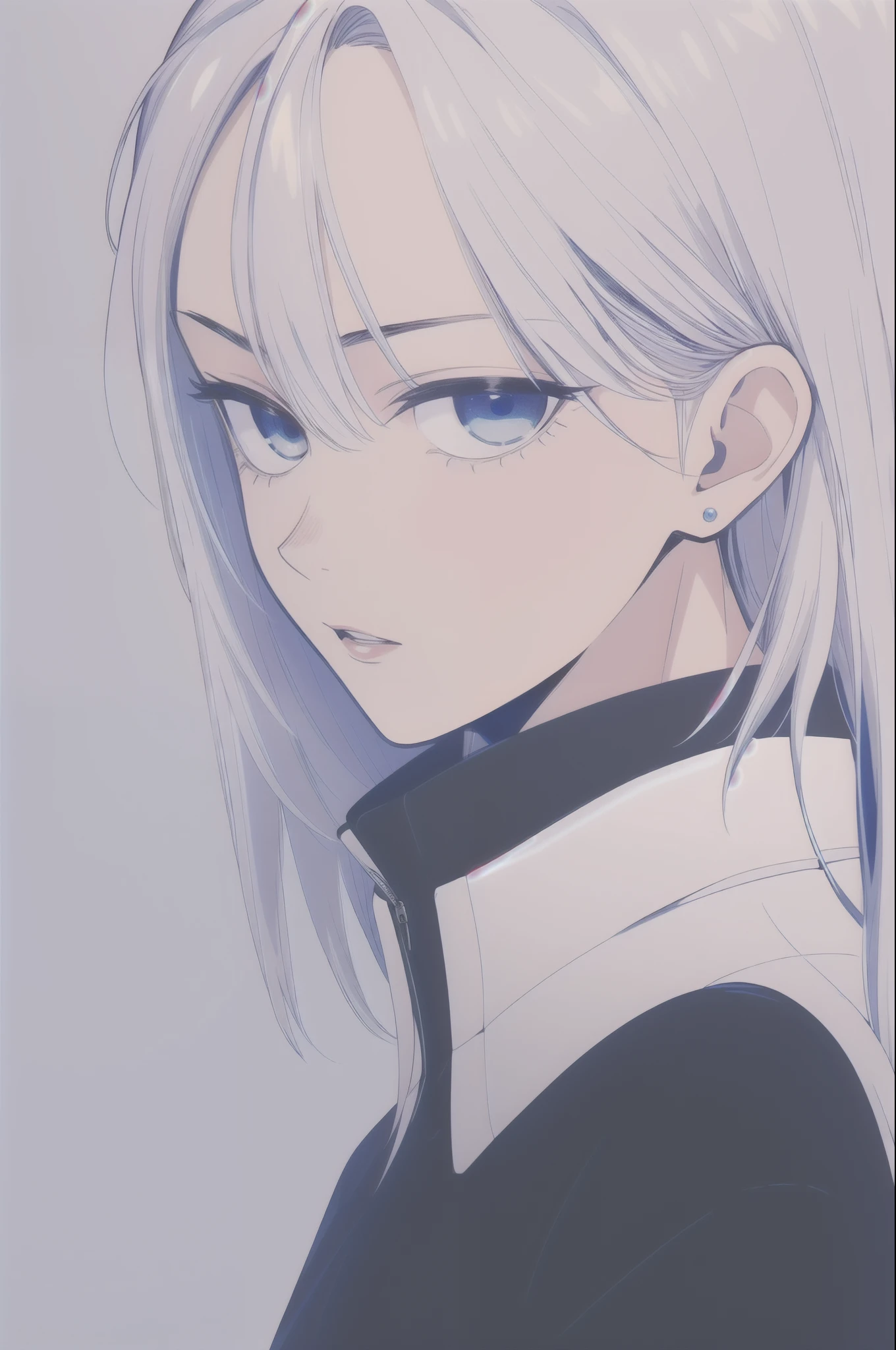 Boy, silver hair, blue eyes, sharp, serious features, white skin, black sweater
